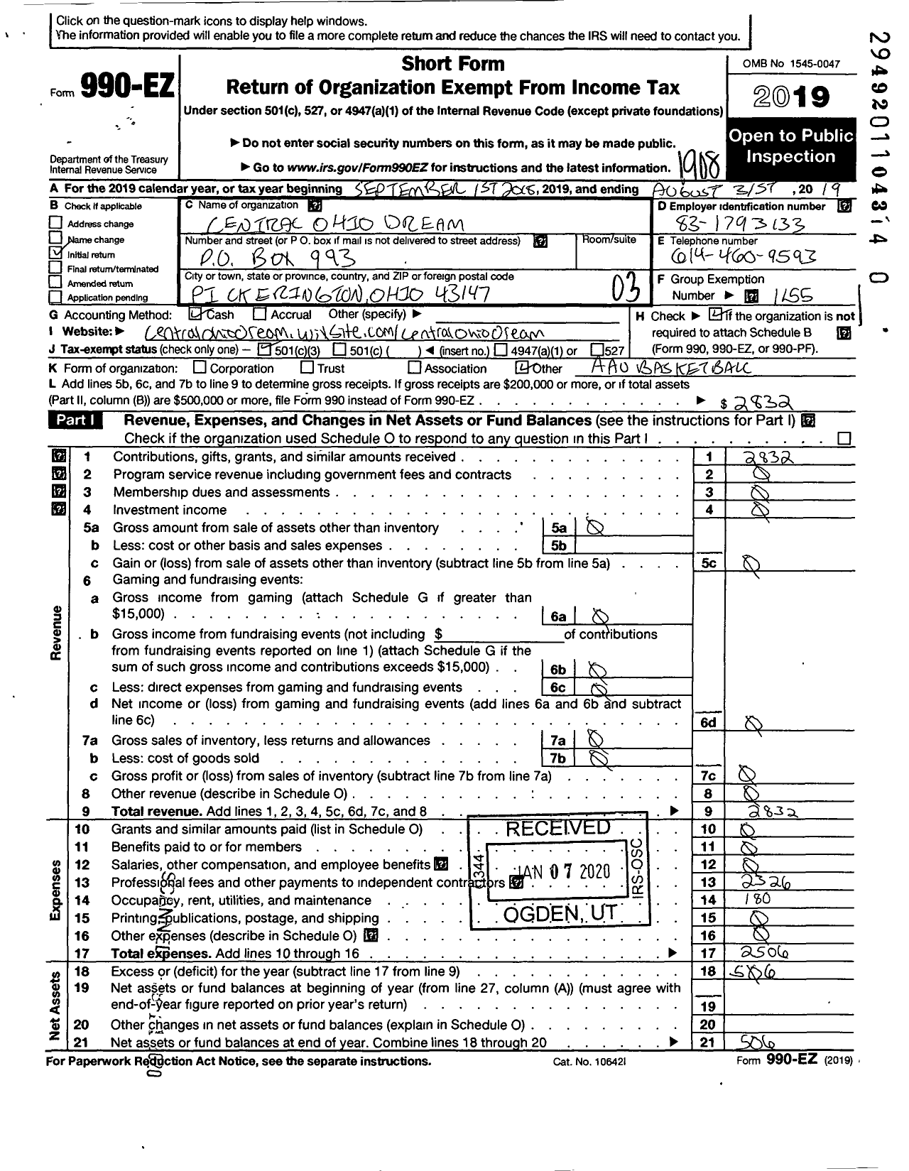 Image of first page of 2018 Form 990EZ for Amateur Athletic Union - Central Ohio Dream