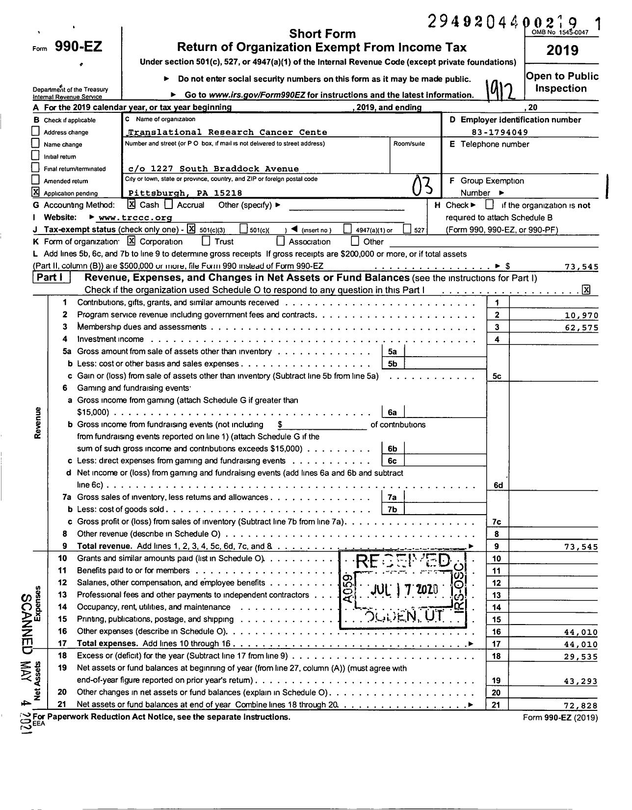 Image of first page of 2019 Form 990EZ for Translational Research Cancer Cente