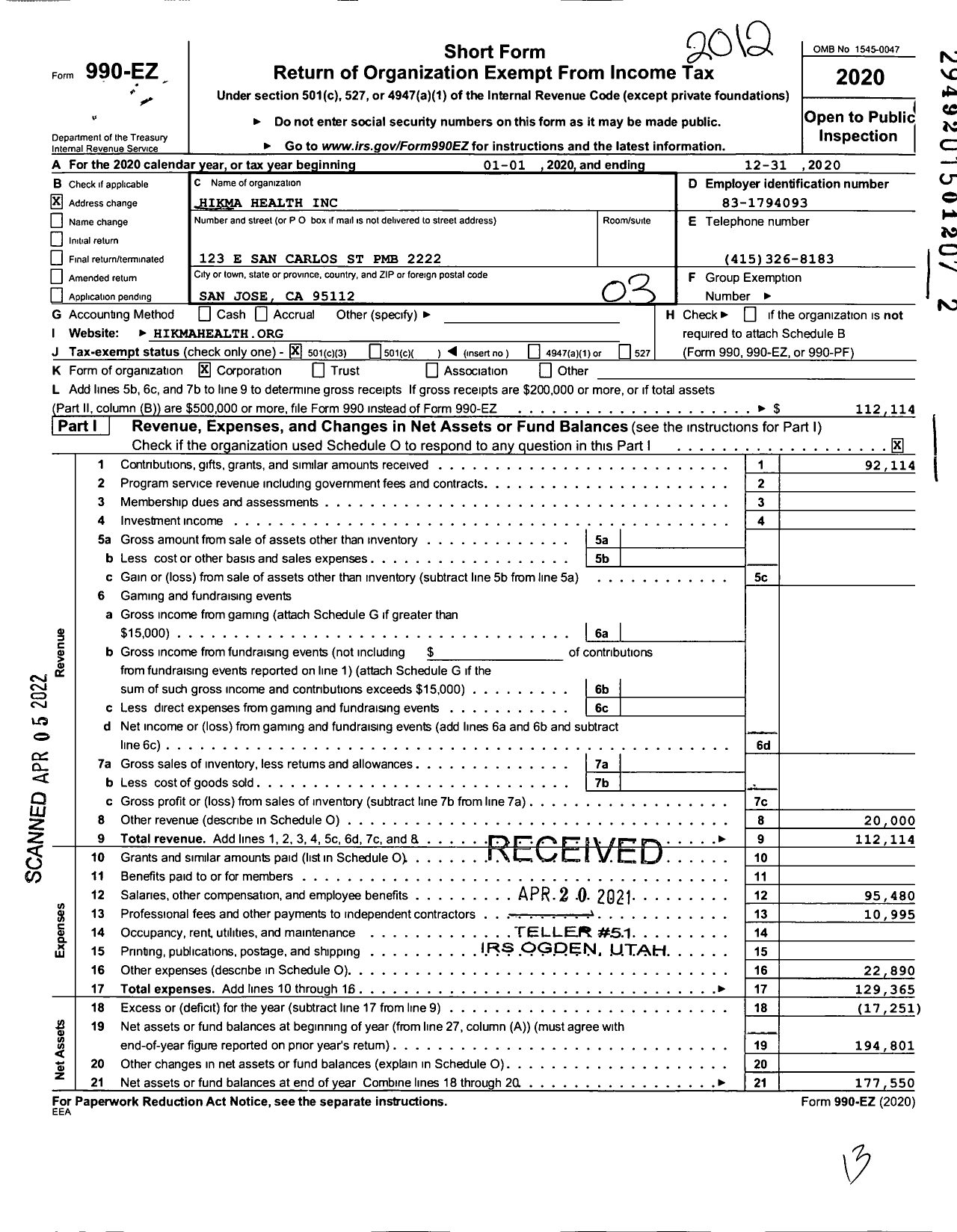 Image of first page of 2020 Form 990EZ for Hikma Health