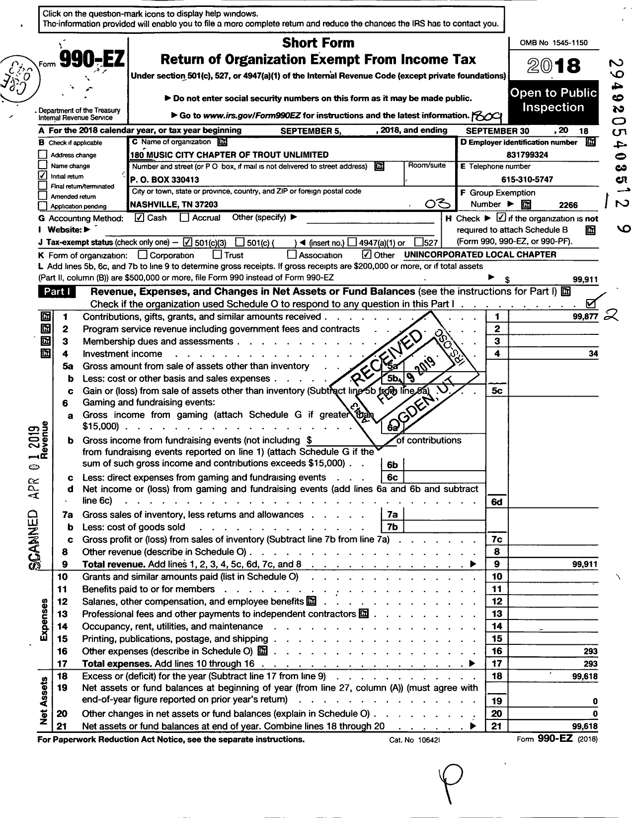 Image of first page of 2017 Form 990EZ for Trout Unlimited - 180 Music City Chapter