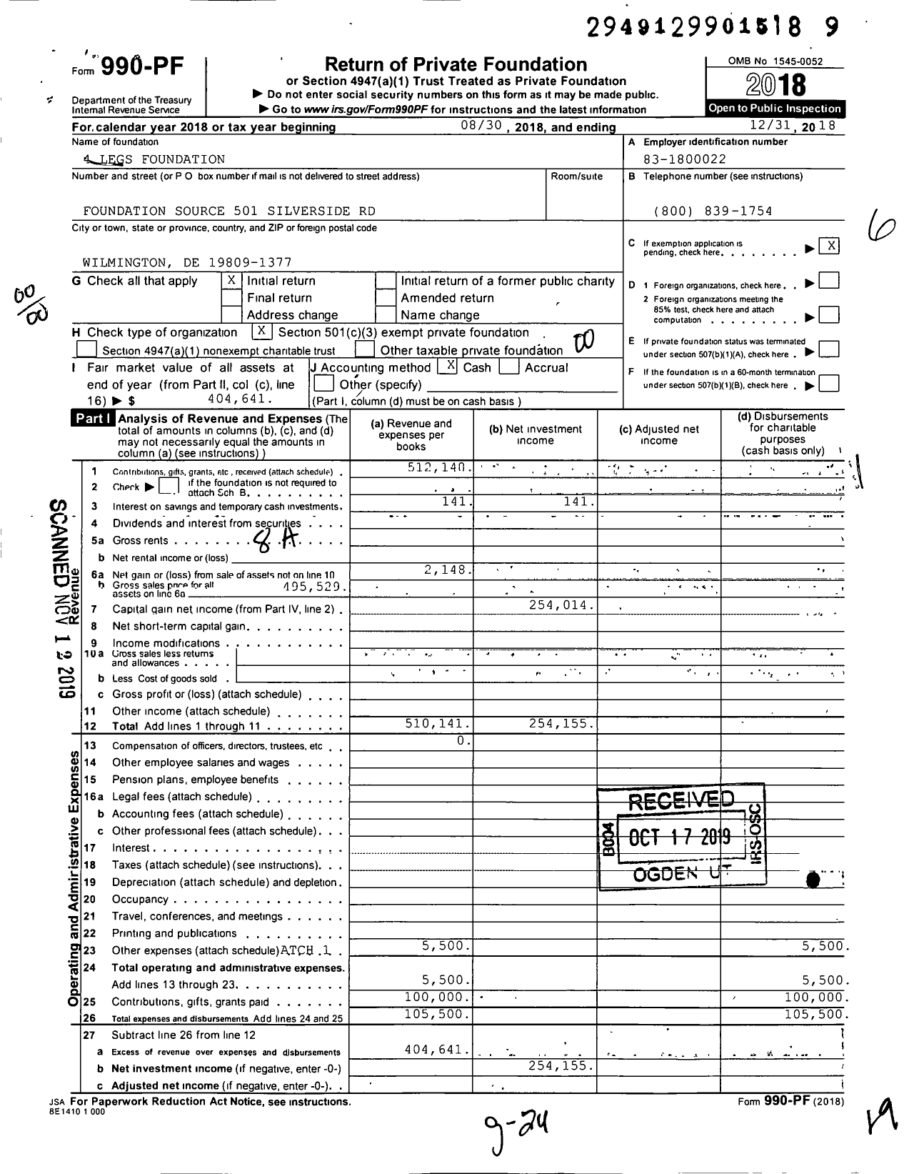 Image of first page of 2018 Form 990PF for 4 Legs Foundation