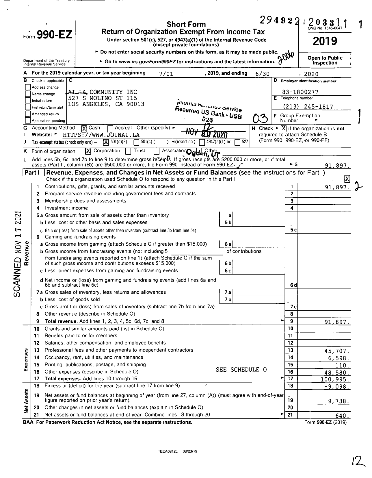 Image of first page of 2019 Form 990EZ for AI LA Community