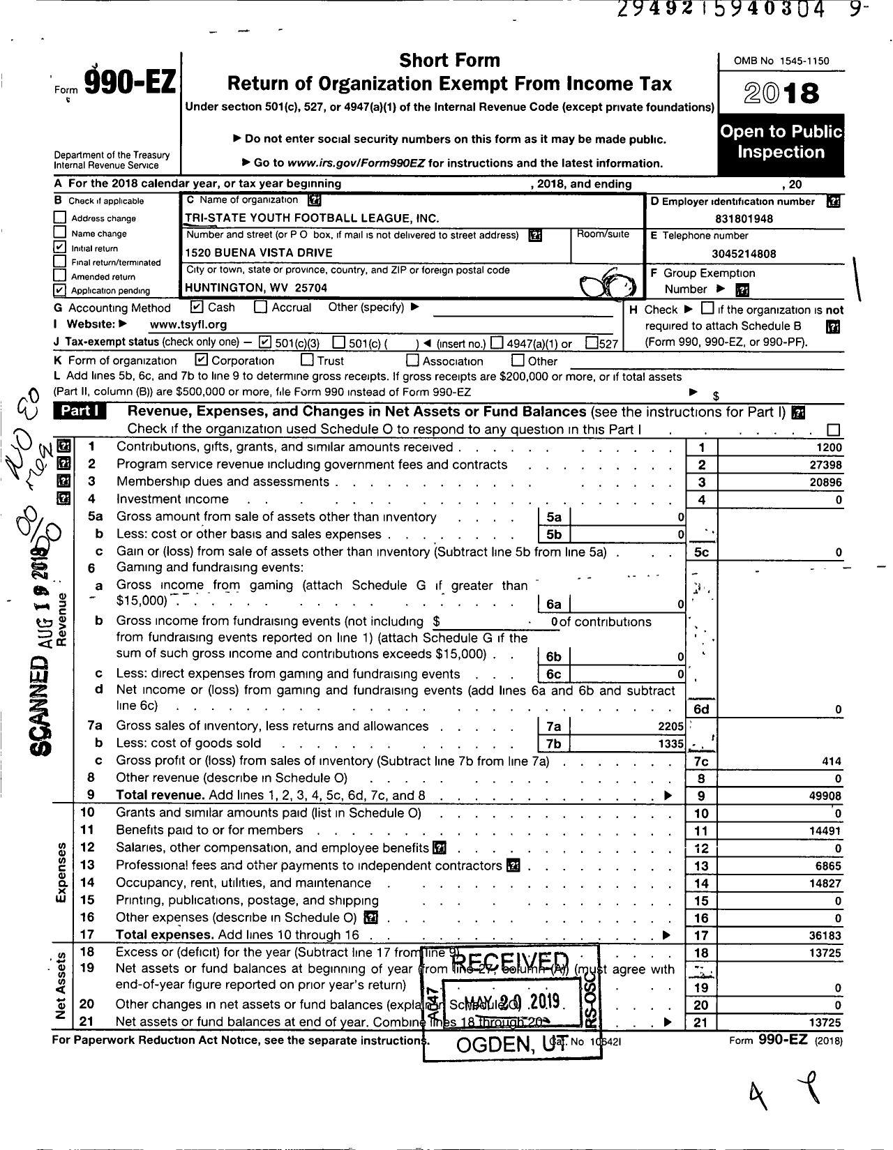 Image of first page of 2018 Form 990EO for Tri-State Youth Football League