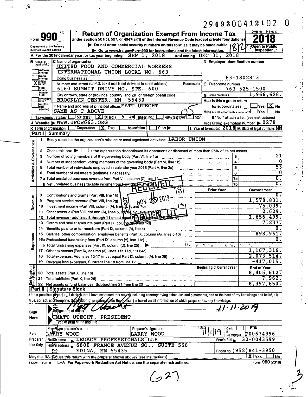 Image of first page of 2018 Form 990O for United Food & Commercial Workers Union - 663 Local