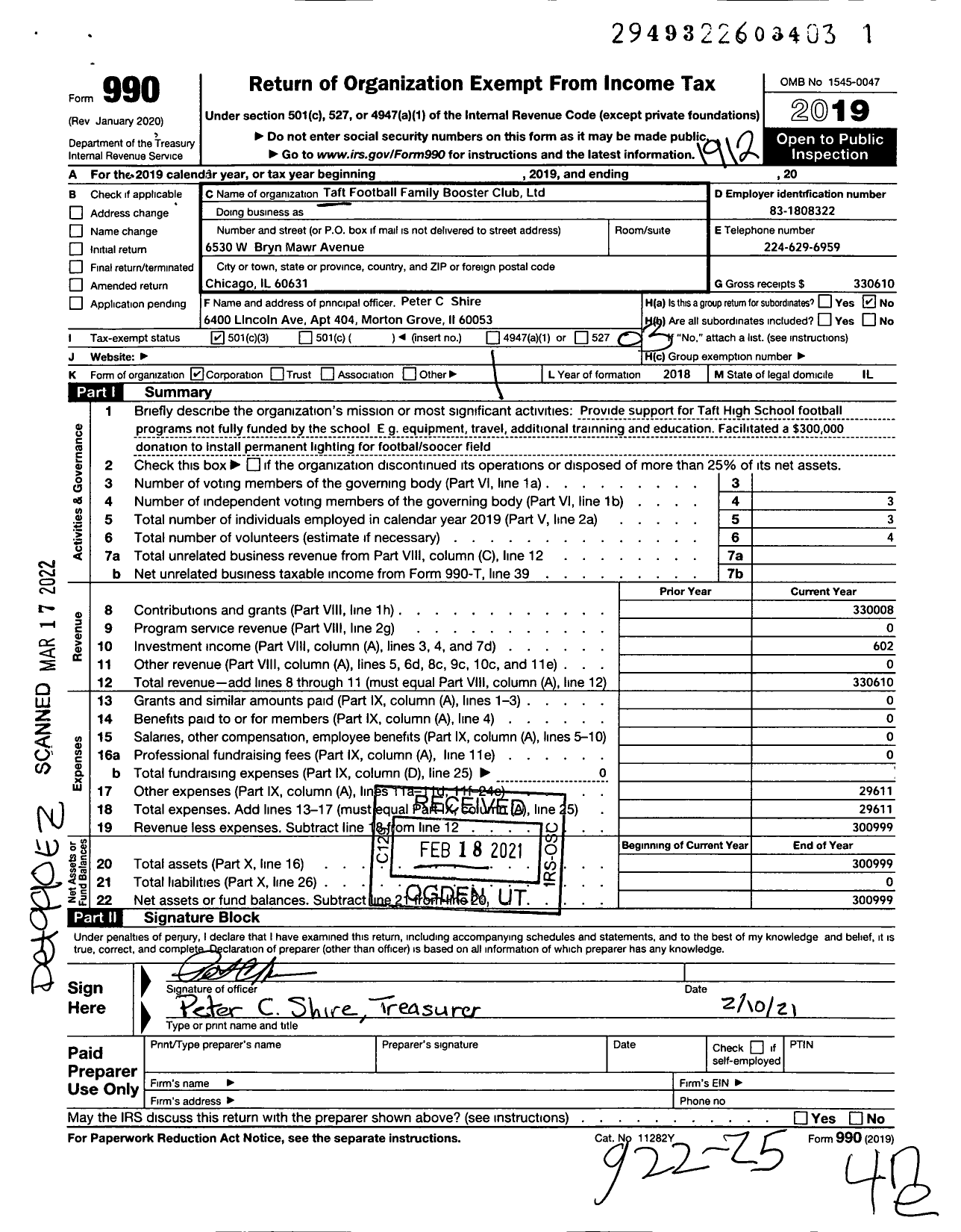 Image of first page of 2019 Form 990 for Taft Football Family Booster Club