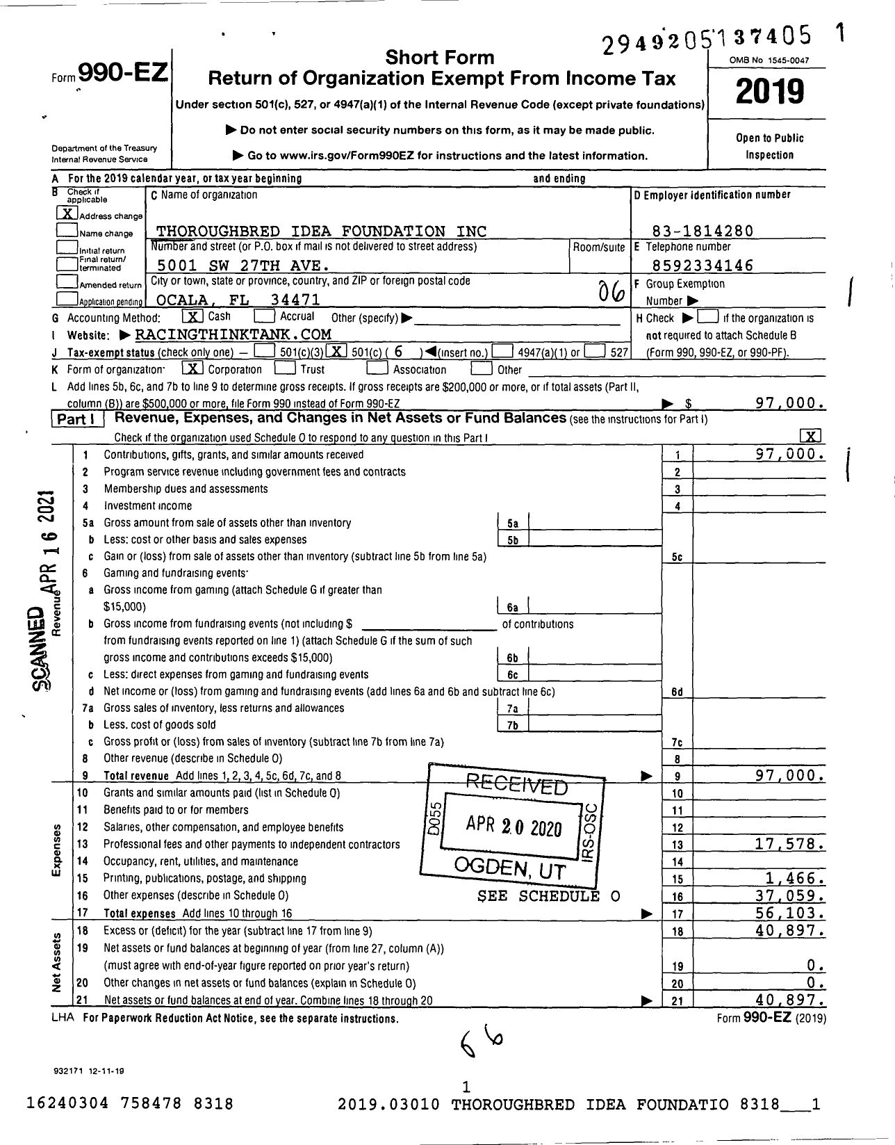 Image of first page of 2019 Form 990EO for Thoroughbred Idea Foundation