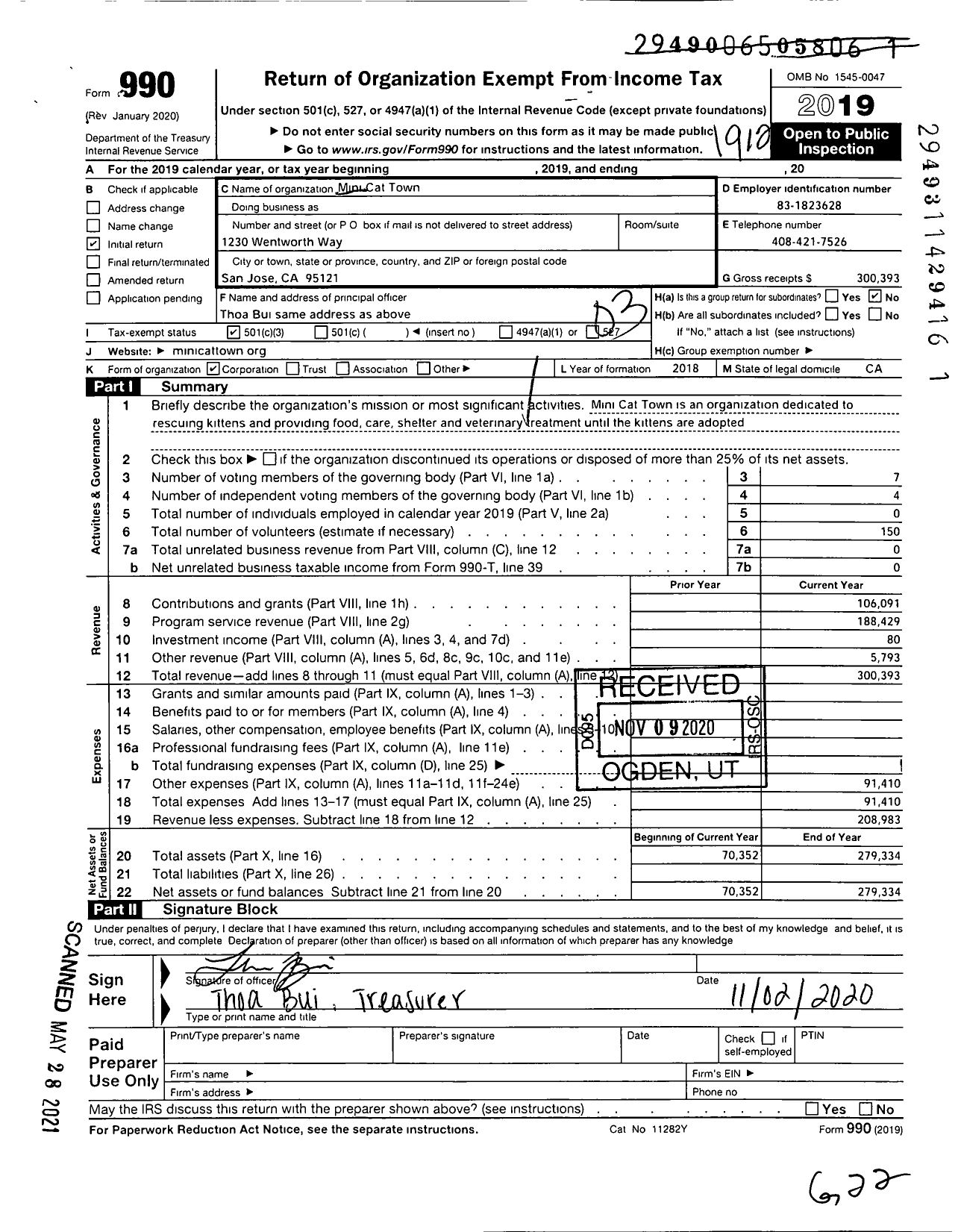 Image of first page of 2019 Form 990 for Mini Cat Town