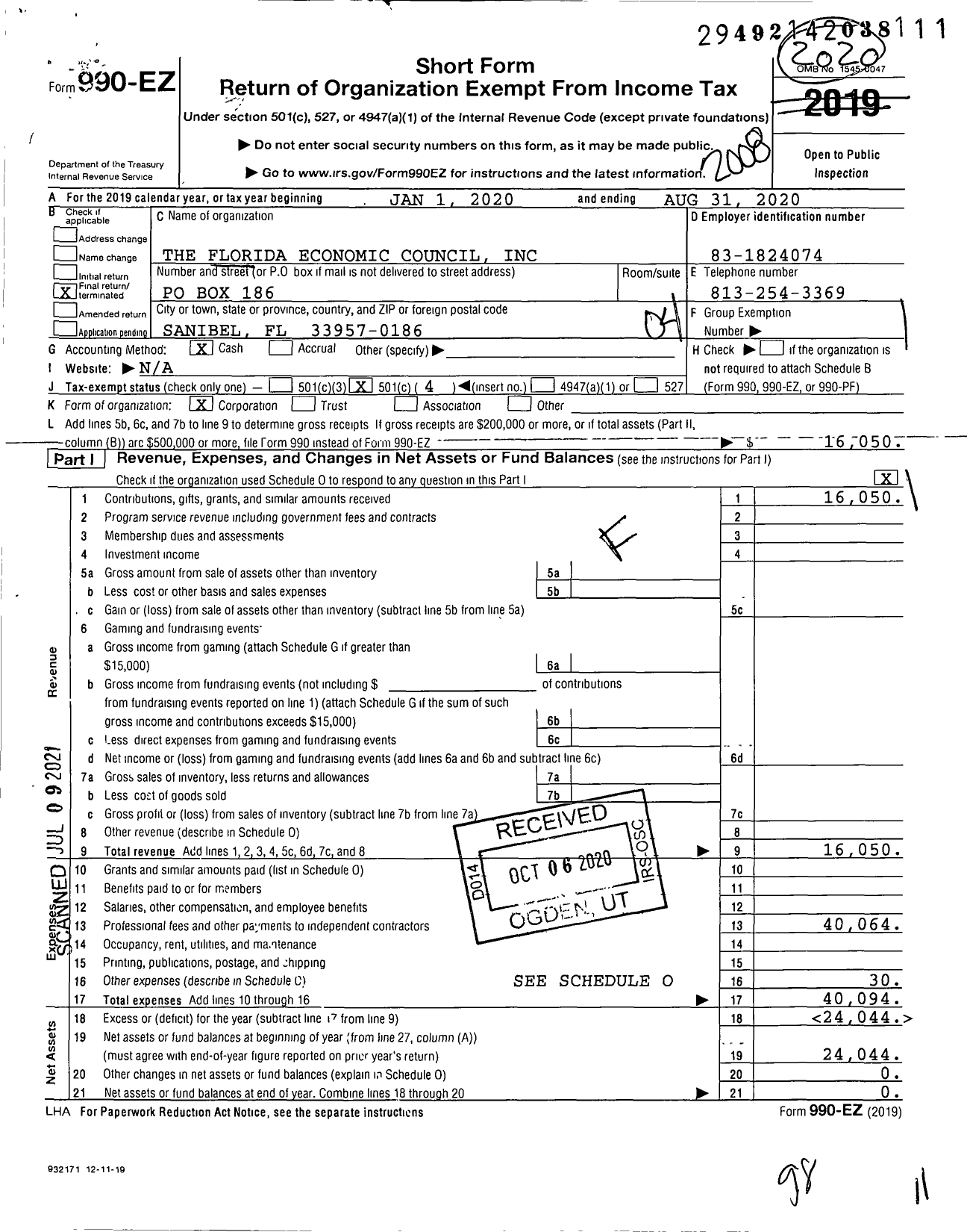 Image of first page of 2019 Form 990EO for The Florida Economic Council