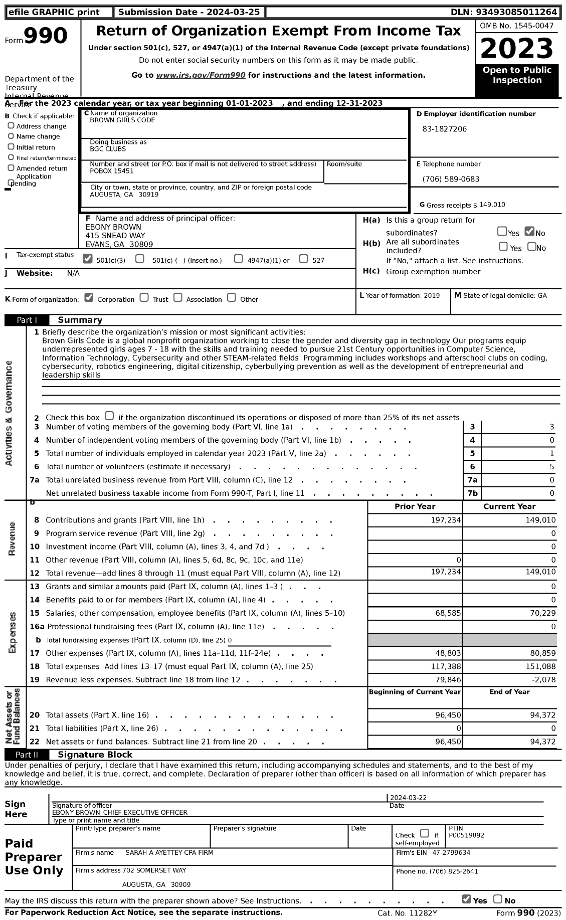 Image of first page of 2023 Form 990 for BGC Clubs