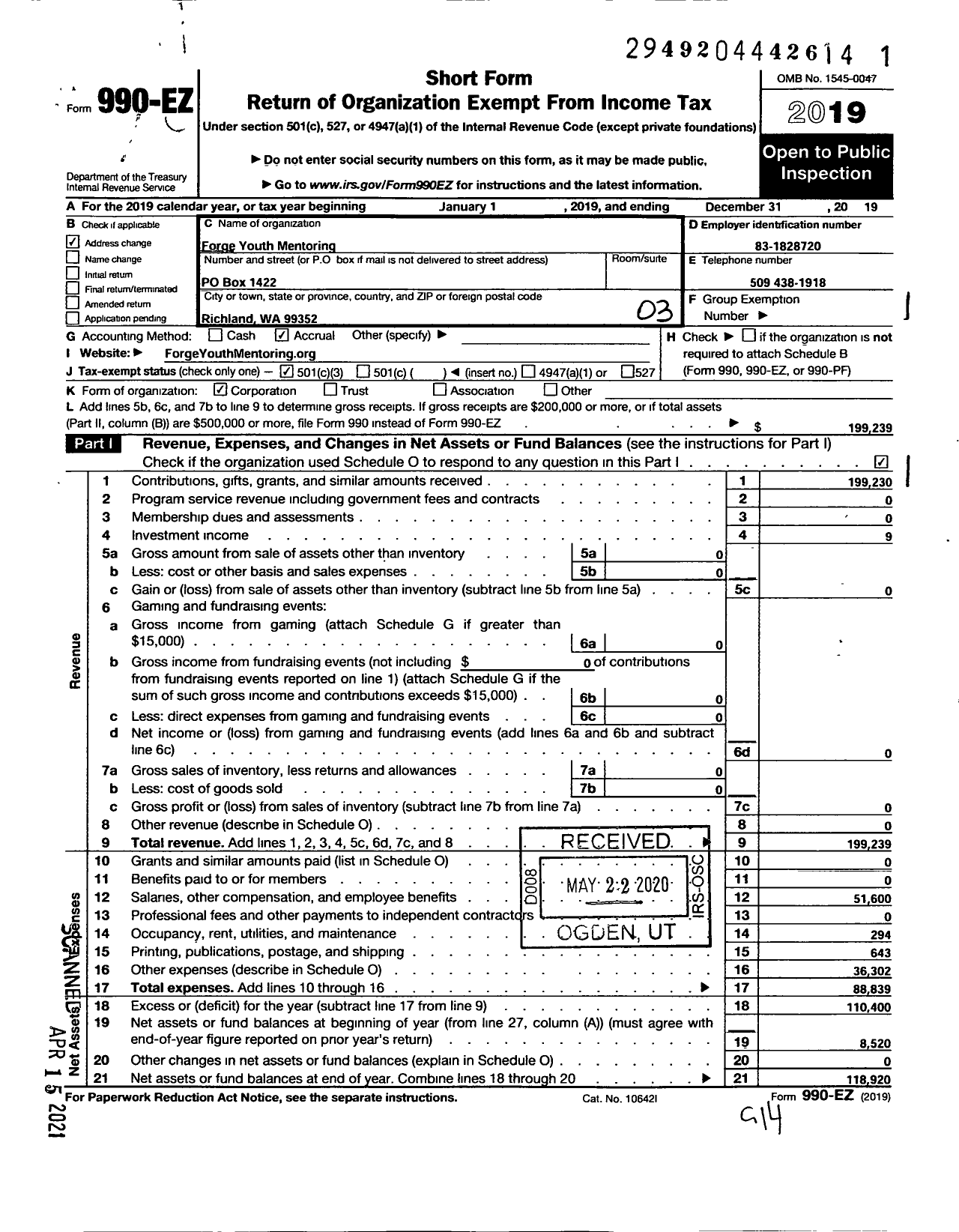 Image of first page of 2019 Form 990EZ for Forge Youth Mentoring