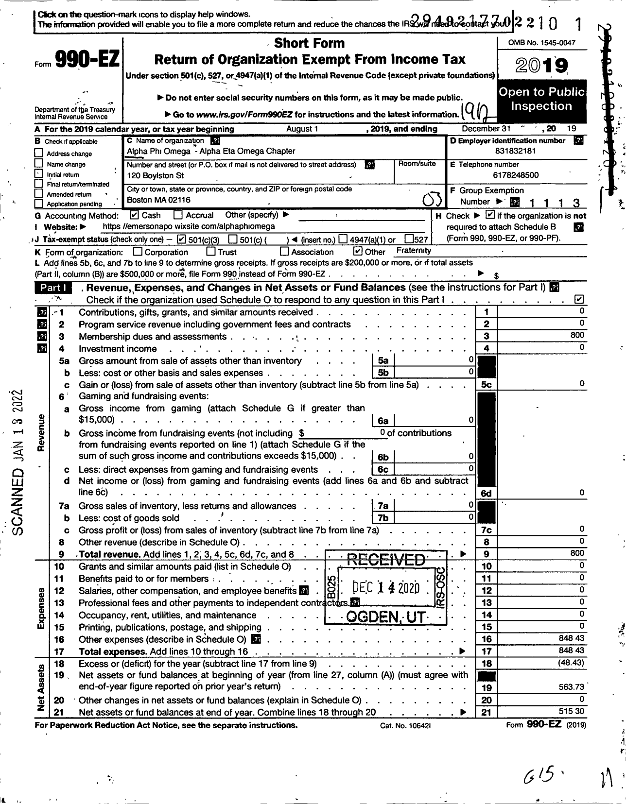 Image of first page of 2019 Form 990EZ for Alpha Phi Omega