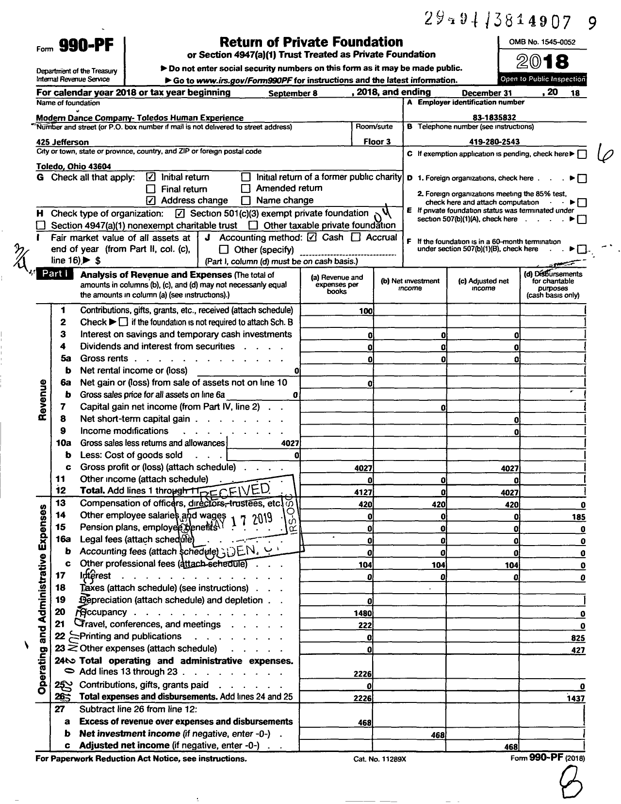 Image of first page of 2018 Form 990PF for Modern Dance Company- Toledos Human Experience