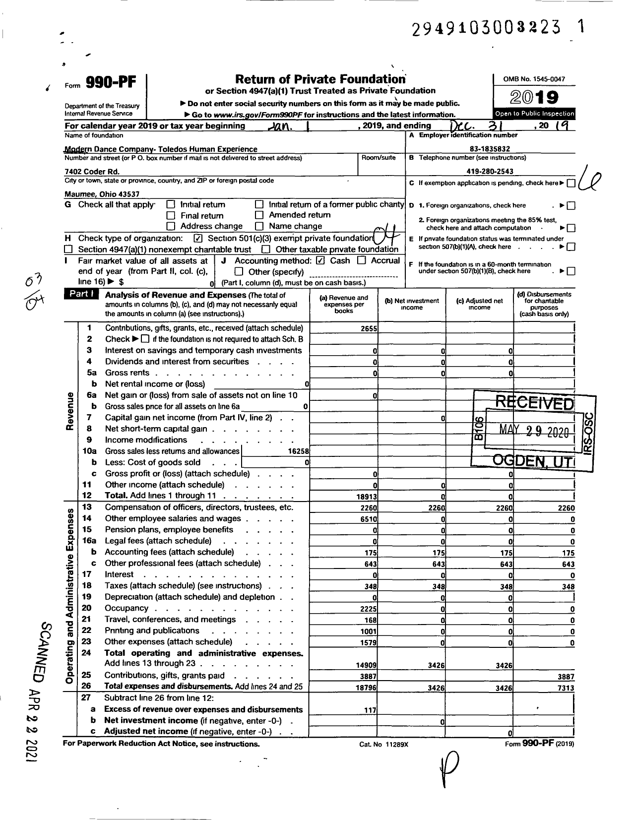 Image of first page of 2019 Form 990PF for Modern Dance Company- Toledos Human Experience