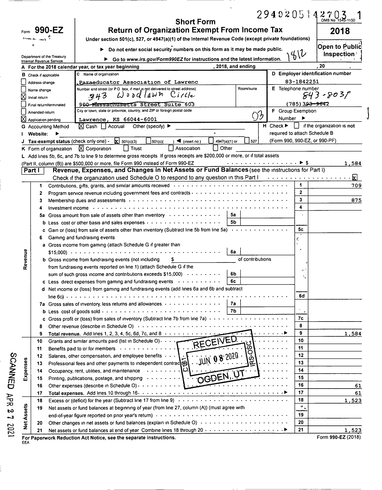 Image of first page of 2018 Form 990EZ for Paraeducator Association of Lawrence