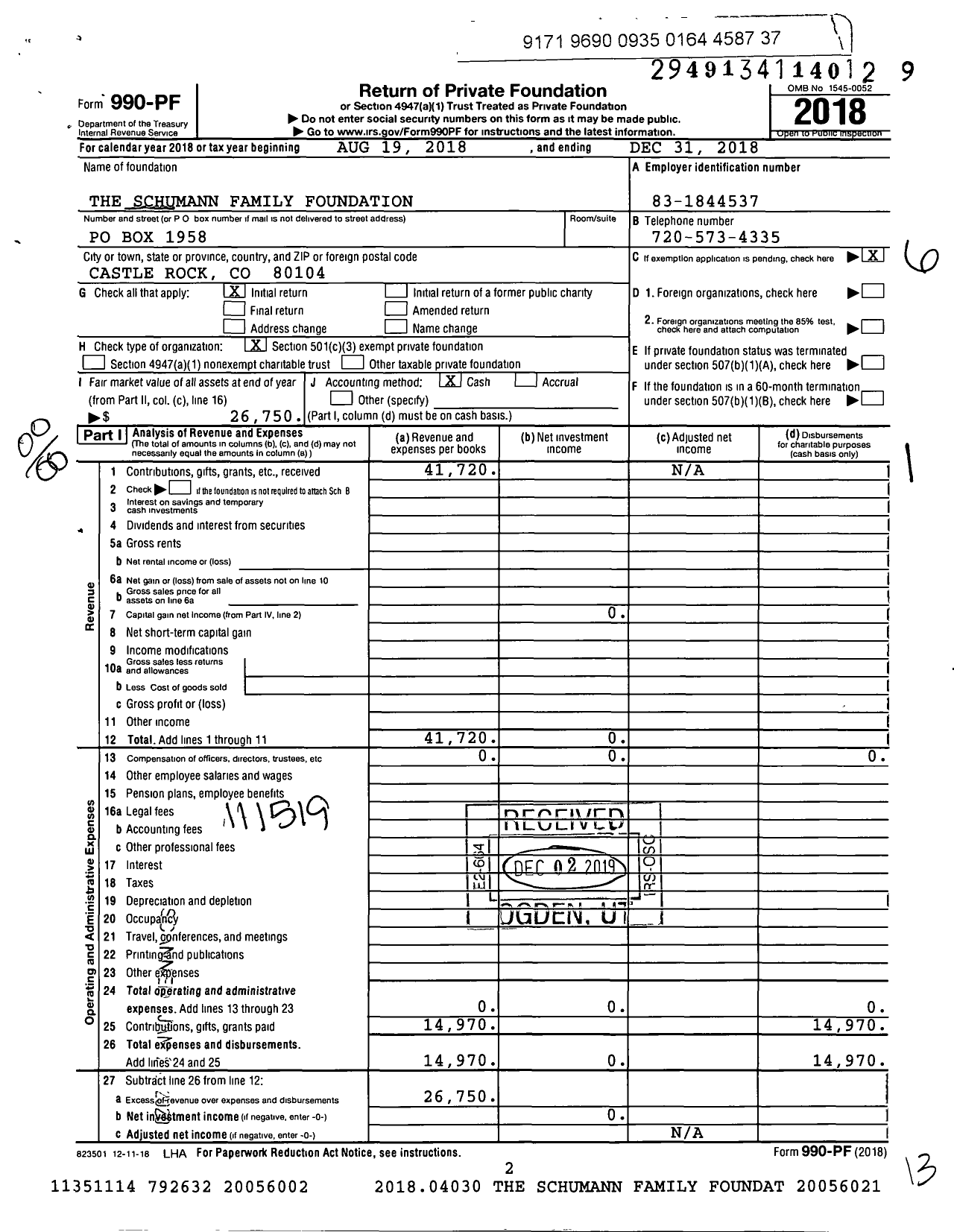 Image of first page of 2018 Form 990PF for The Schumann Family Foundation