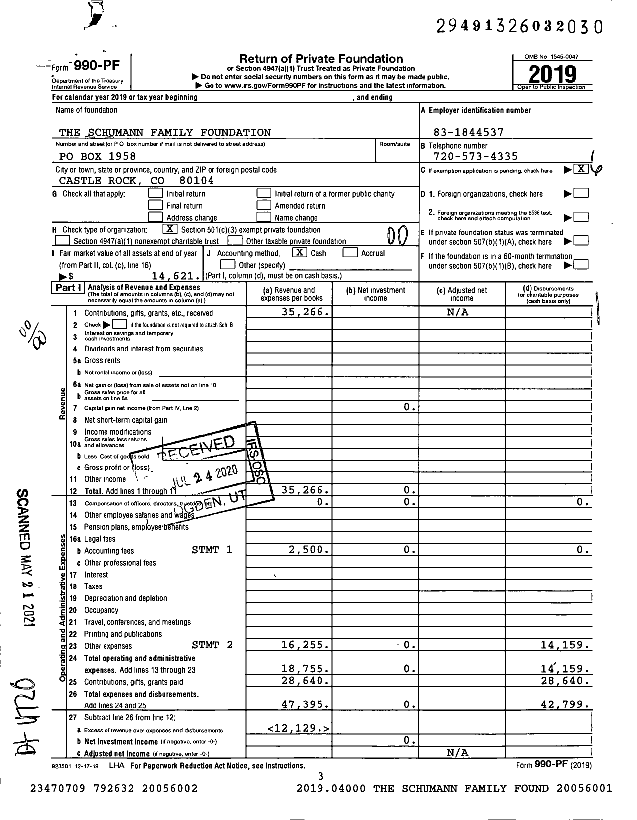 Image of first page of 2019 Form 990PF for The Schumann Family Foundation