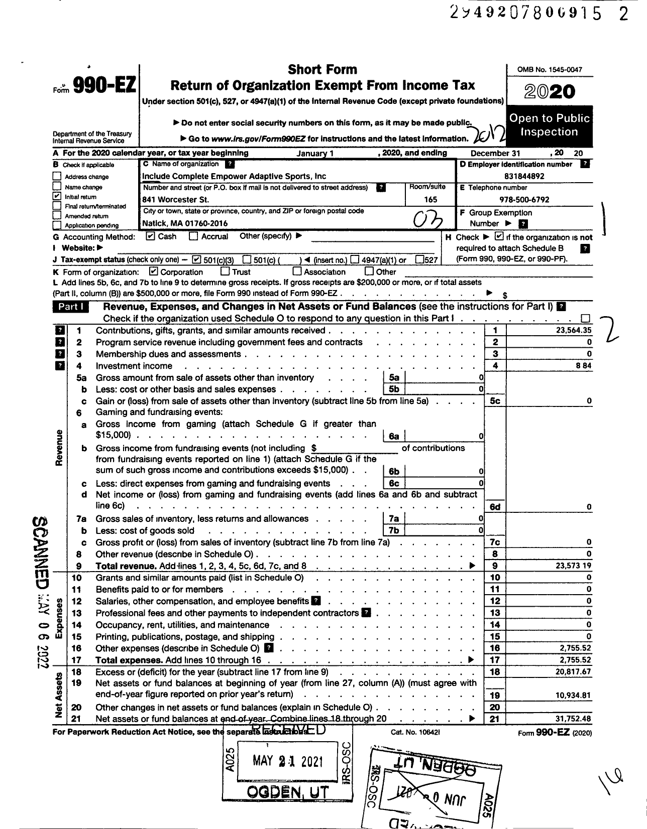 Image of first page of 2020 Form 990EZ for Include Compete Empower Adaptive Sports