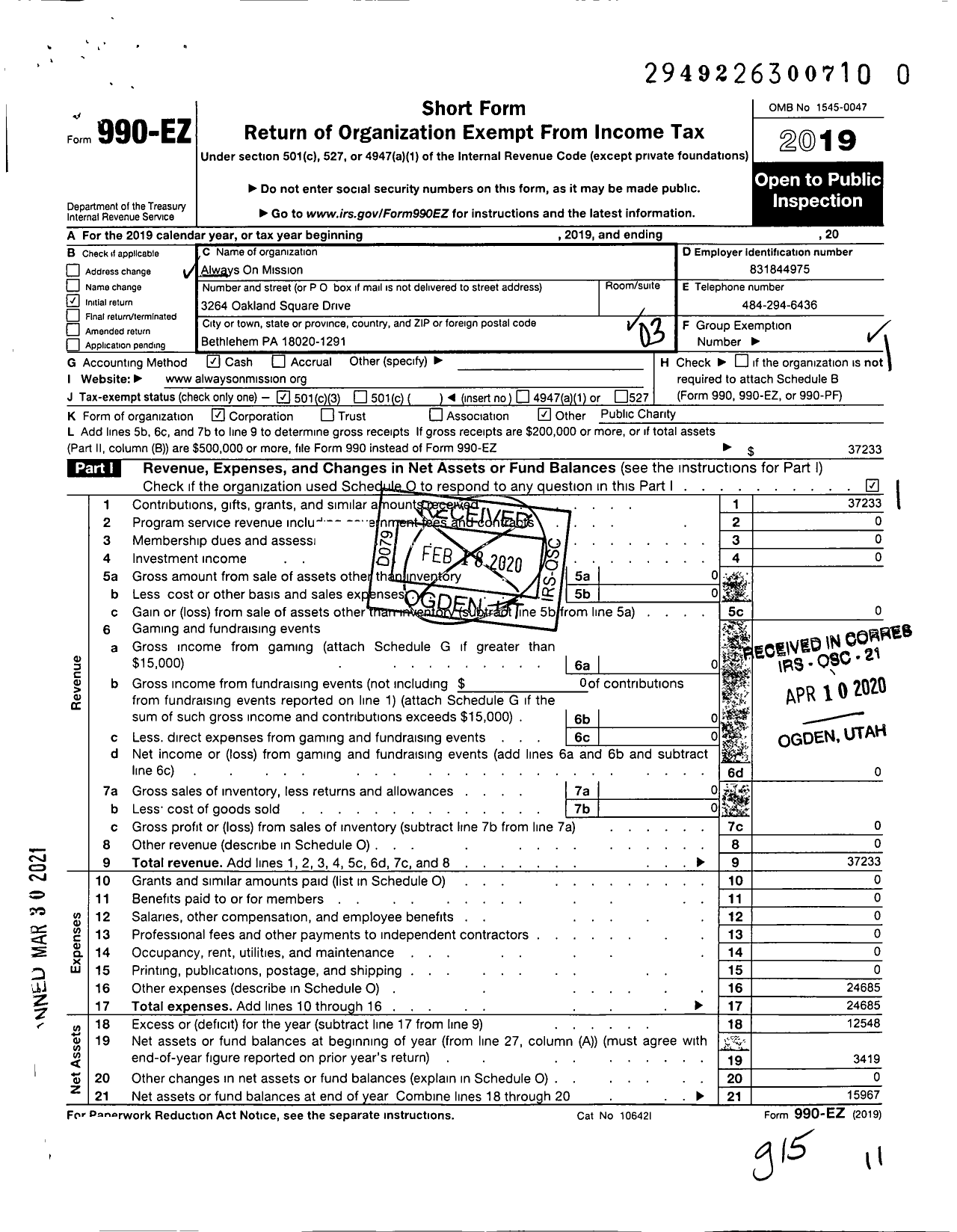 Image of first page of 2019 Form 990EZ for Always on Mission