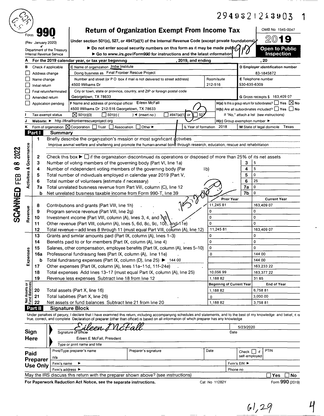 Image of first page of 2019 Form 990 for Final Frontier Rescue Project