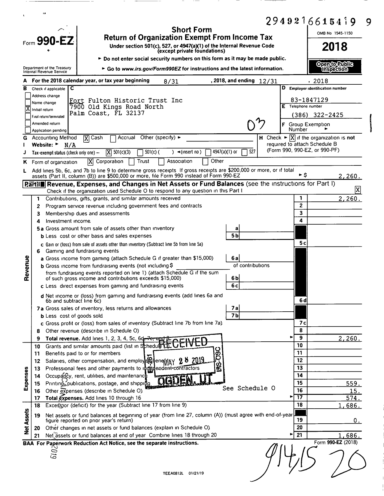 Image of first page of 2018 Form 990EZ for Fort Fulton Historic Trust