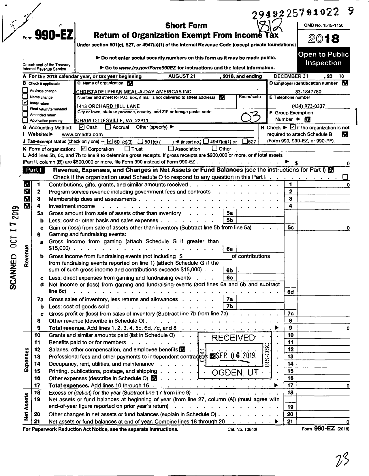 Image of first page of 2018 Form 990EZ for Christadelphian Meal-A-Day Americas