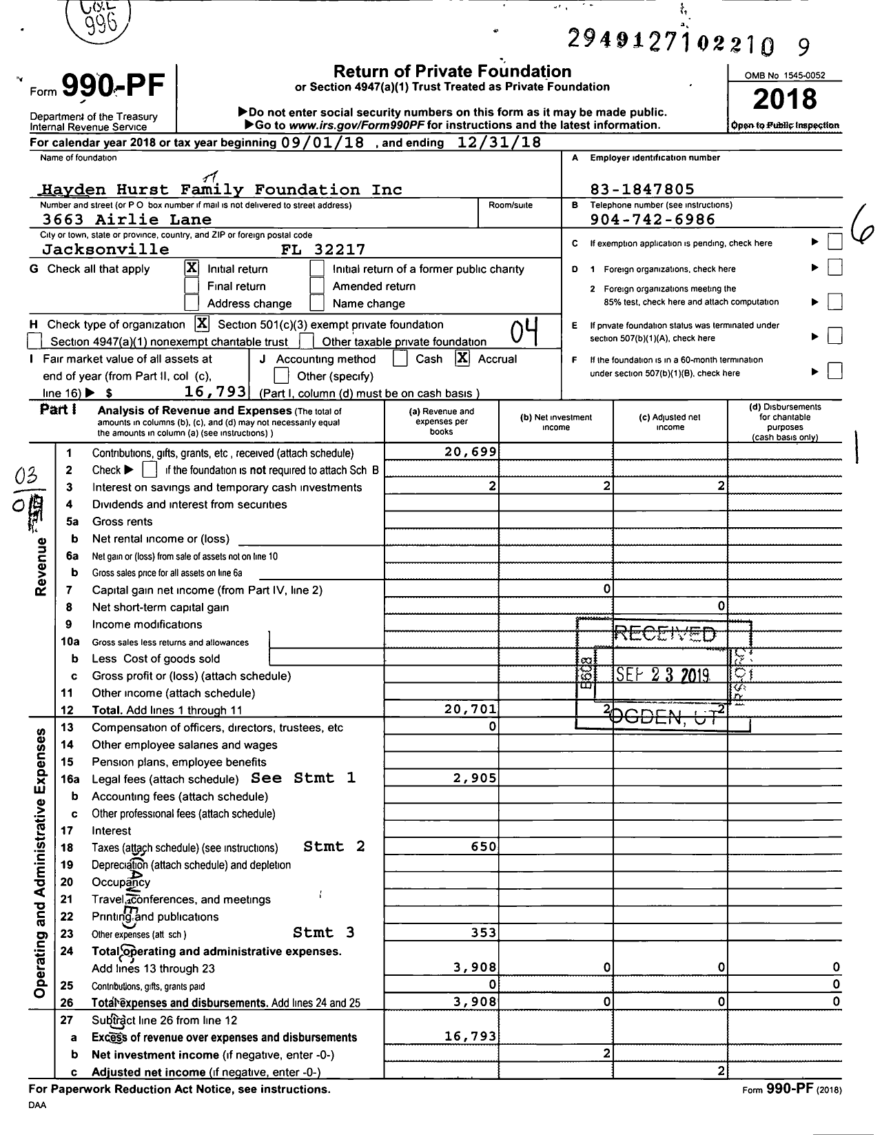 Image of first page of 2018 Form 990PF for Hayden Hurst Family Foundation