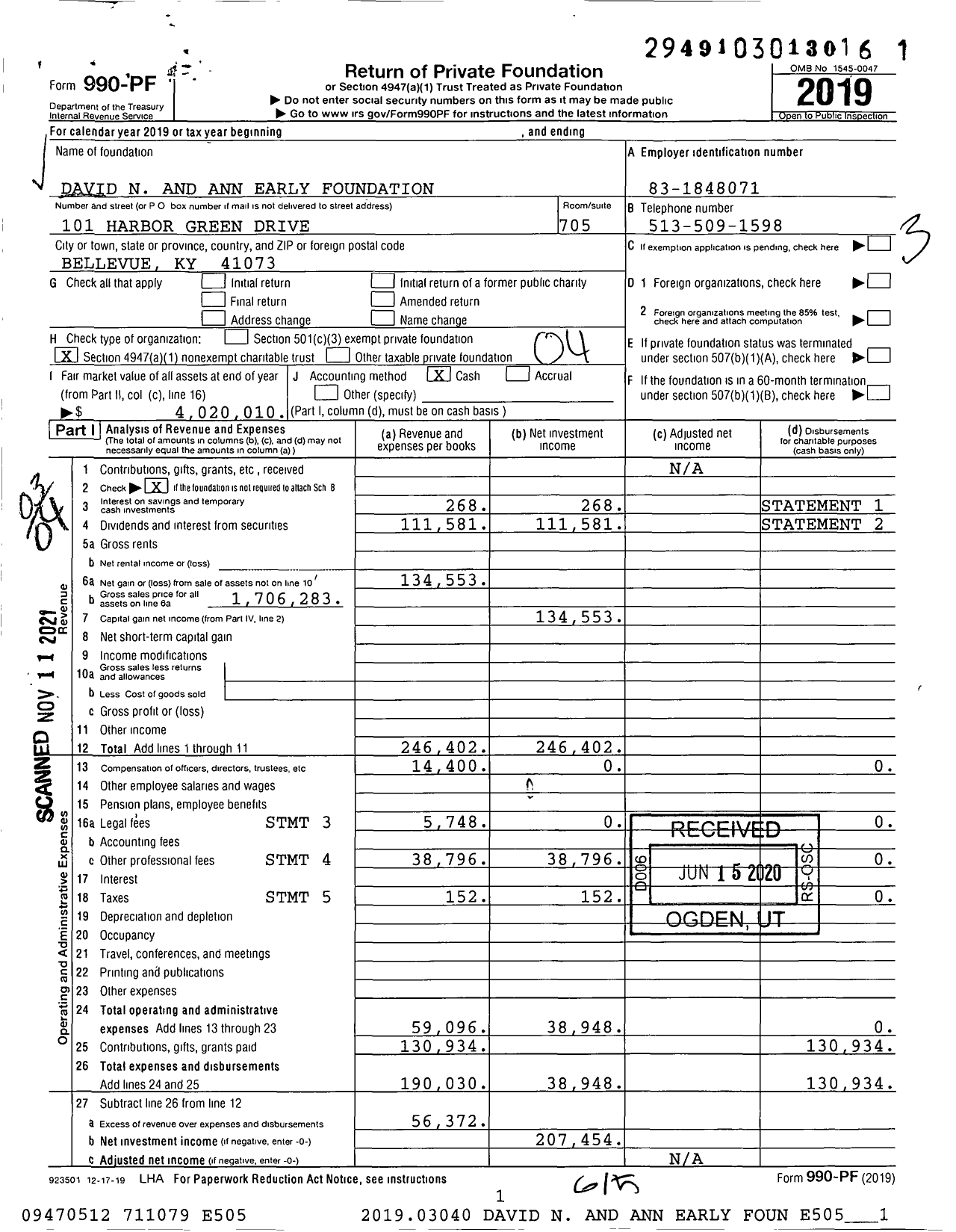 Image of first page of 2019 Form 990PF for David N and Ann Early Foundation