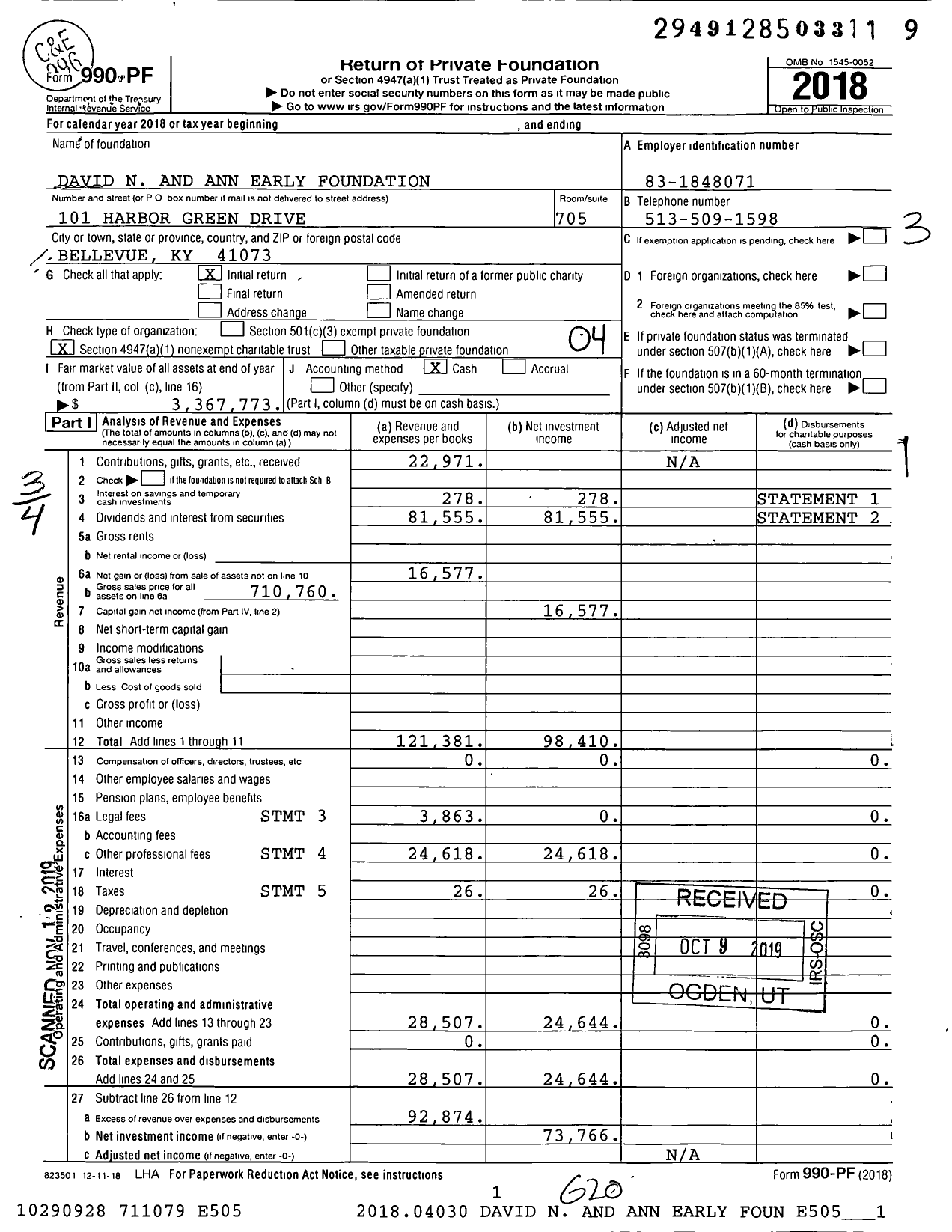 Image of first page of 2018 Form 990PF for David N and Ann Early Foundation