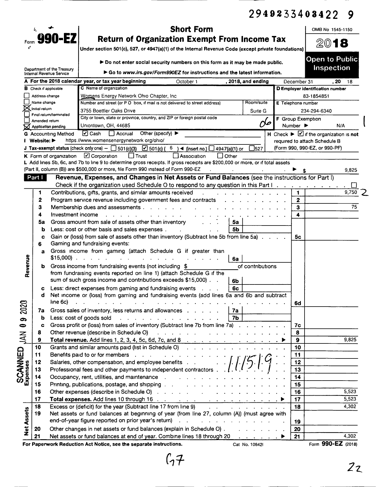 Image of first page of 2018 Form 990EO for Womens Energy Network Ohio Chapter