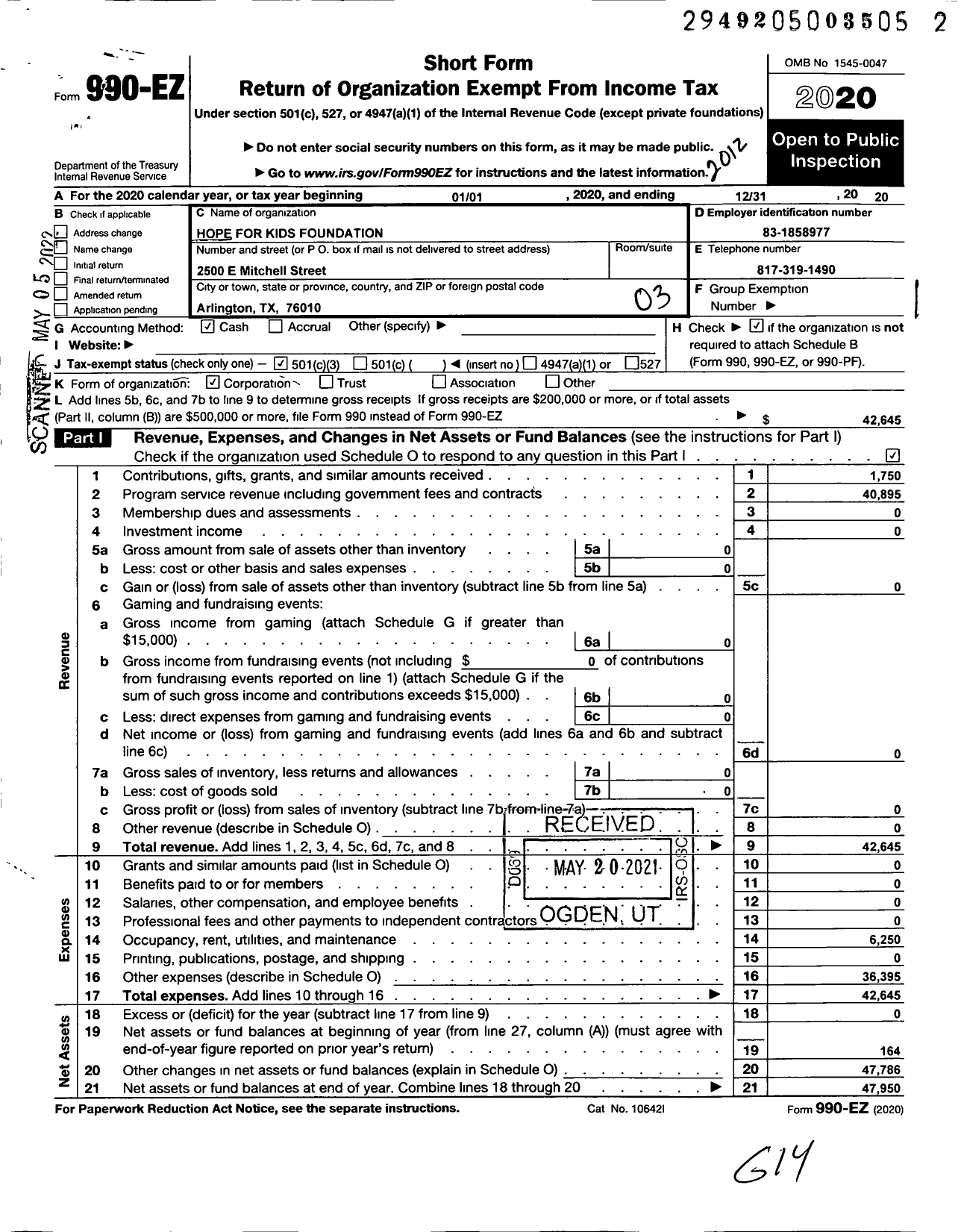 Image of first page of 2020 Form 990EZ for Hope for Kids Foundation