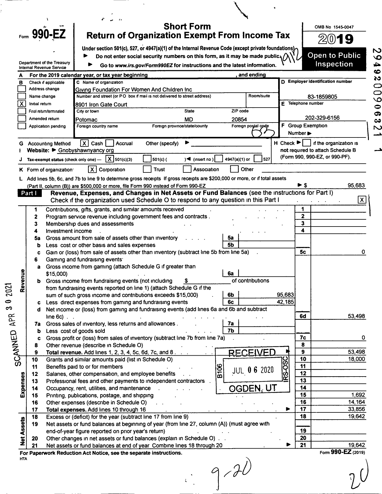 Image of first page of 2019 Form 990EZ for Giving Foundation For Women and Children