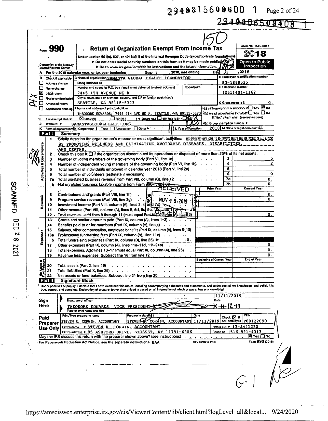 Image of first page of 2018 Form 990 for Samasta Global Health Foundation