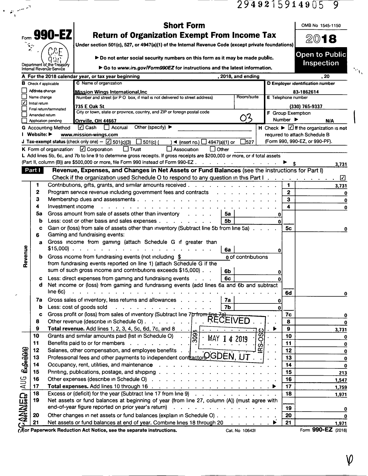 Image of first page of 2018 Form 990EZ for Mission Wings International