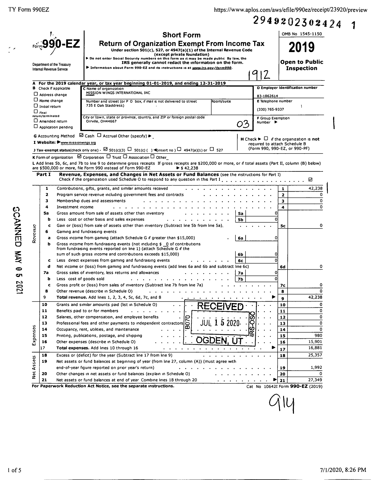 Image of first page of 2019 Form 990EZ for Mission Wings International