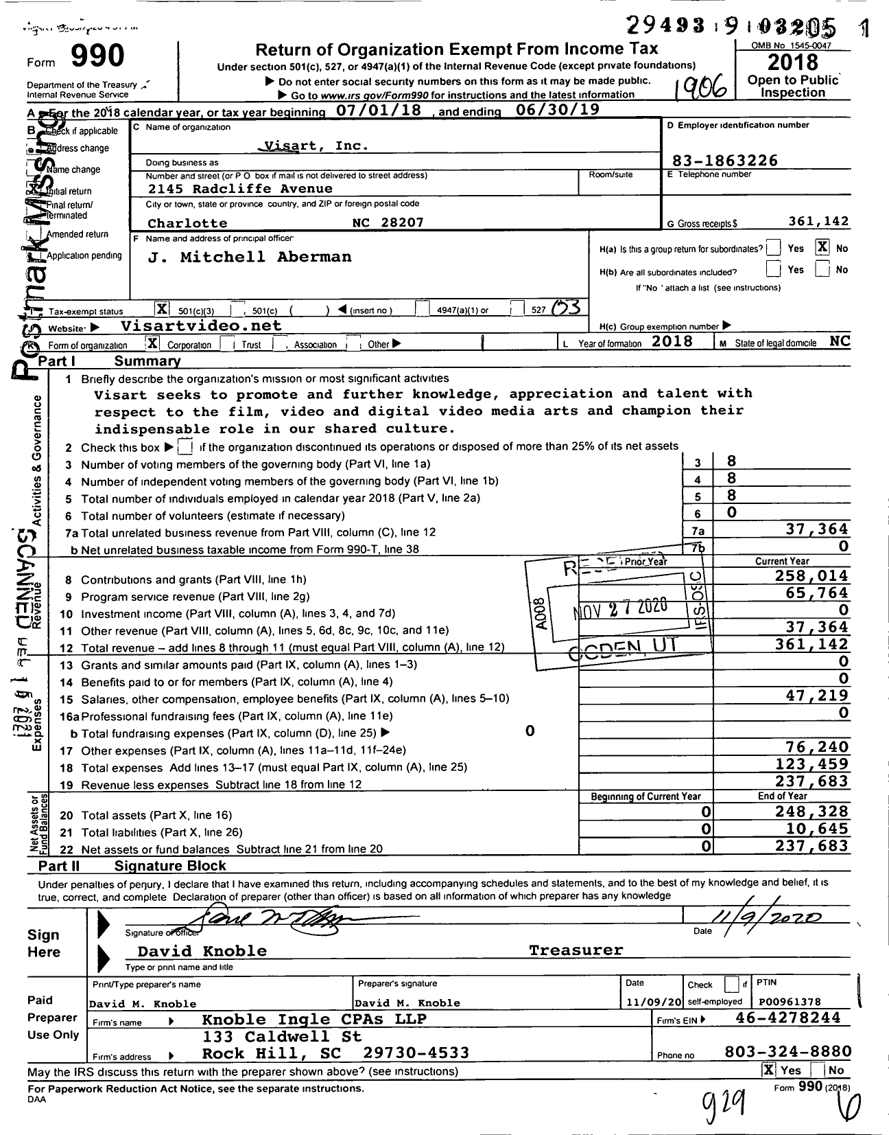 Image of first page of 2018 Form 990 for Visart