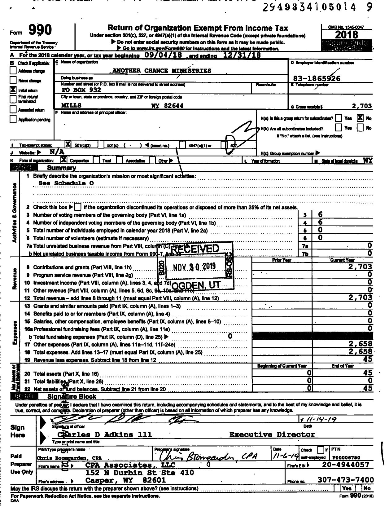 Image of first page of 2018 Form 990 for Another Chance Ministries