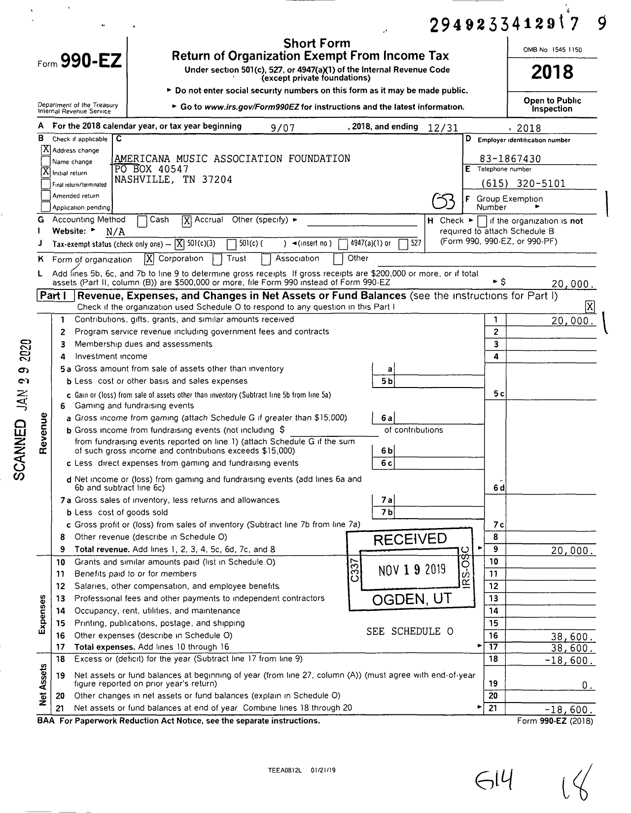 Image of first page of 2018 Form 990EZ for Americana Music Foundation