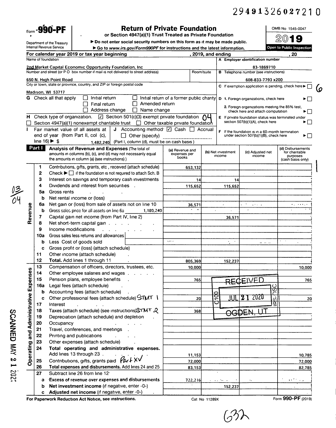 Image of first page of 2019 Form 990PF for 2nd Market Capital Economic Opportunity Foundation