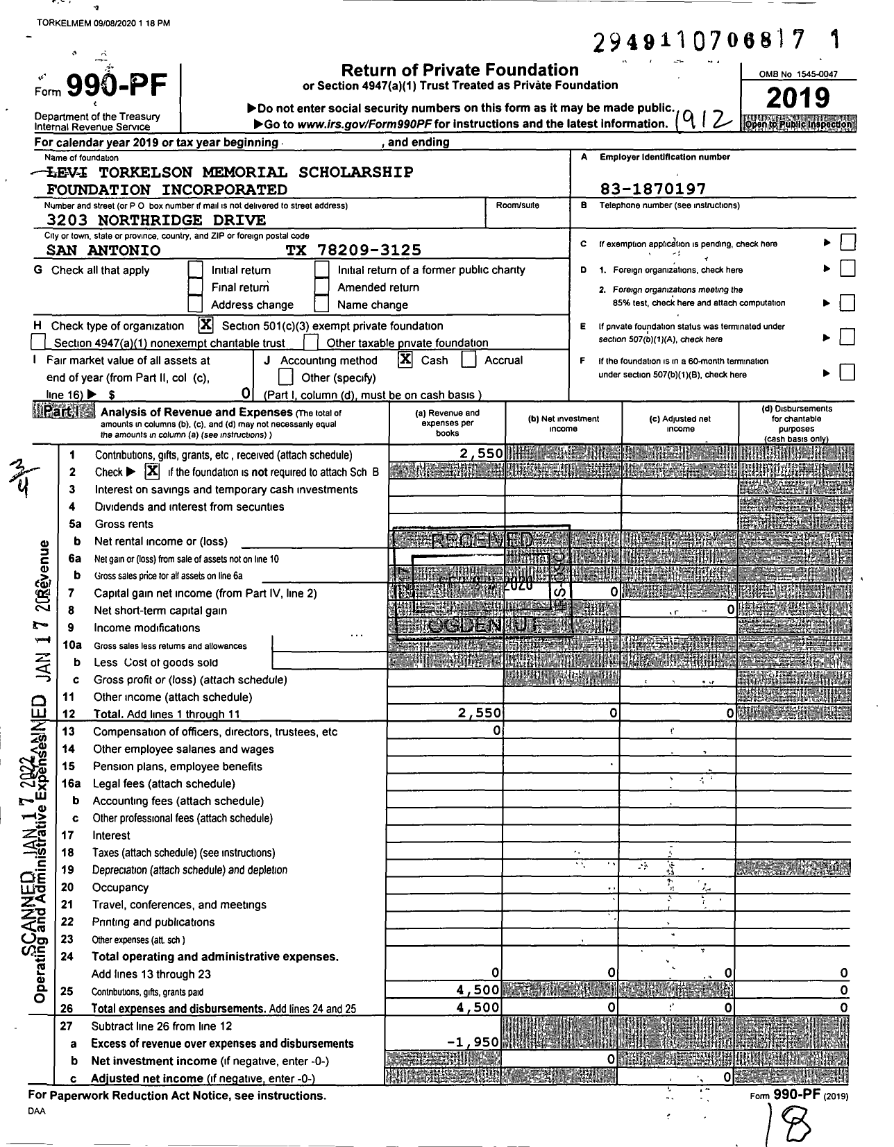 Image of first page of 2019 Form 990PF for Levi Torkelson Memorial Scholarship Foundation Incorporated