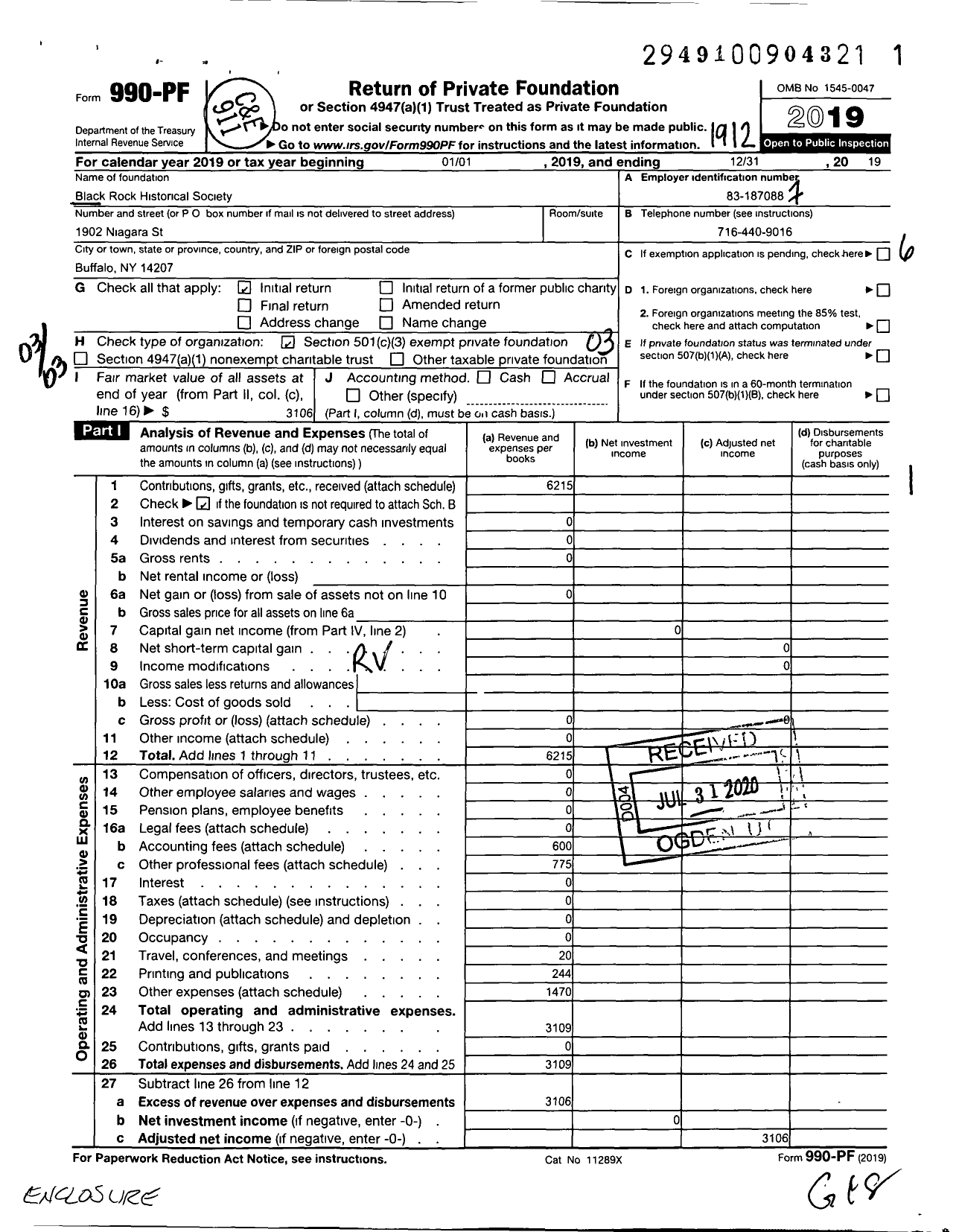 Image of first page of 2019 Form 990PF for Black Rock Historical Society