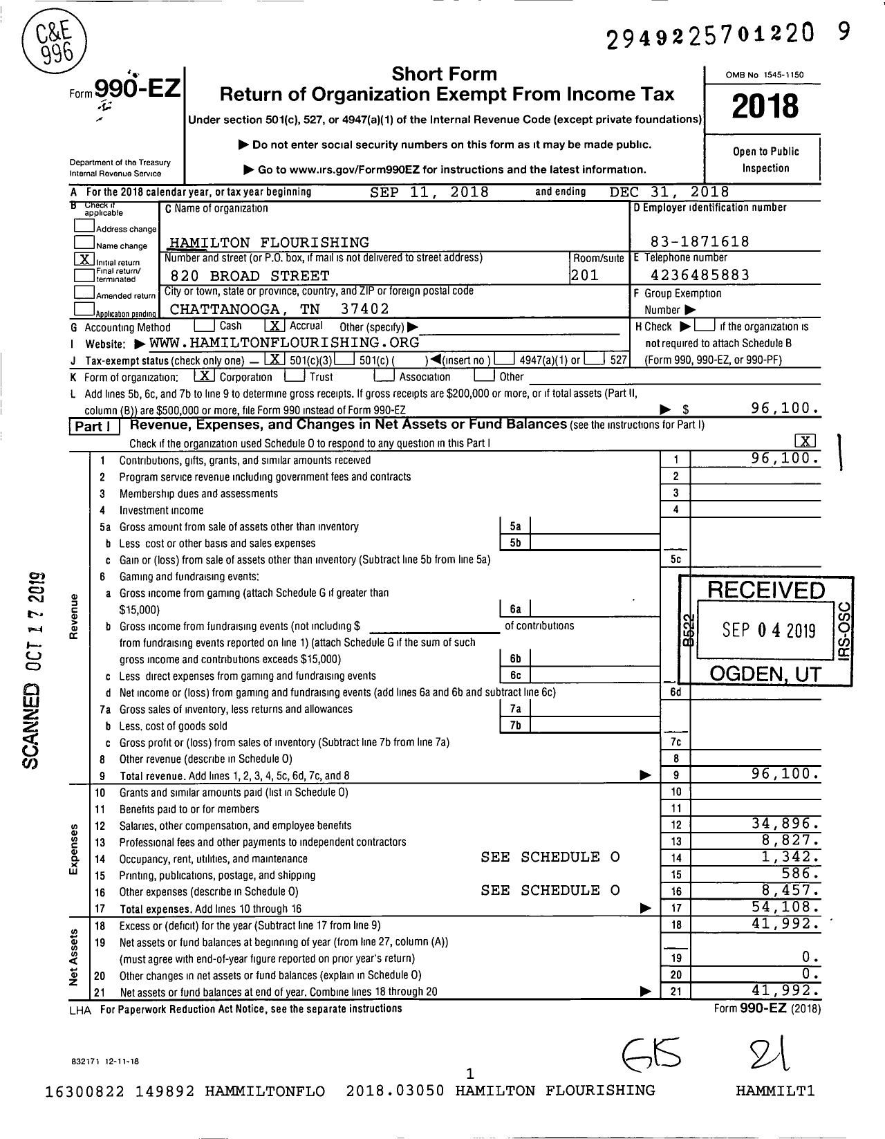 Image of first page of 2018 Form 990EZ for Hamilton Flourishing