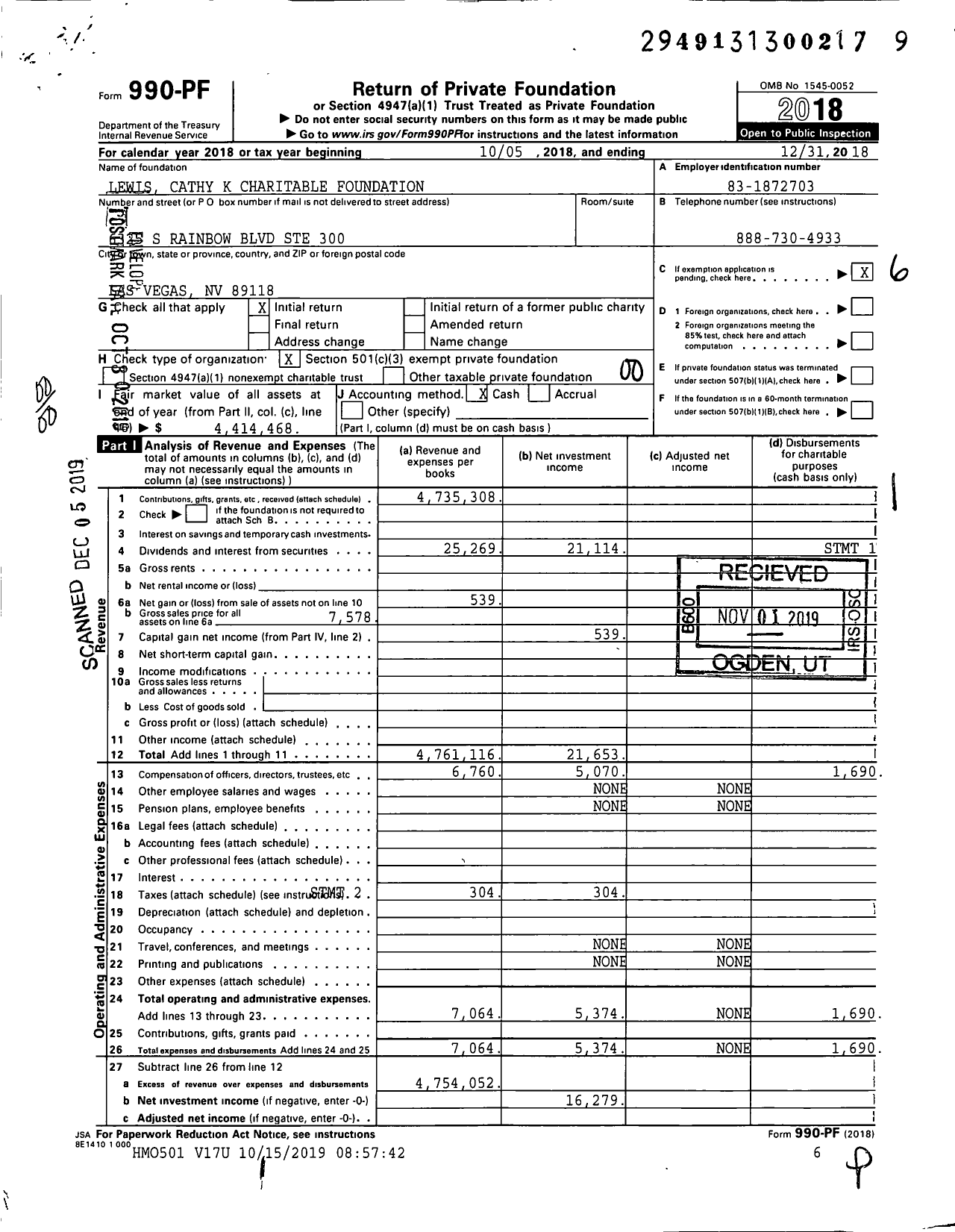 Image of first page of 2018 Form 990PF for Lewis Cathy K Charitable Foundation