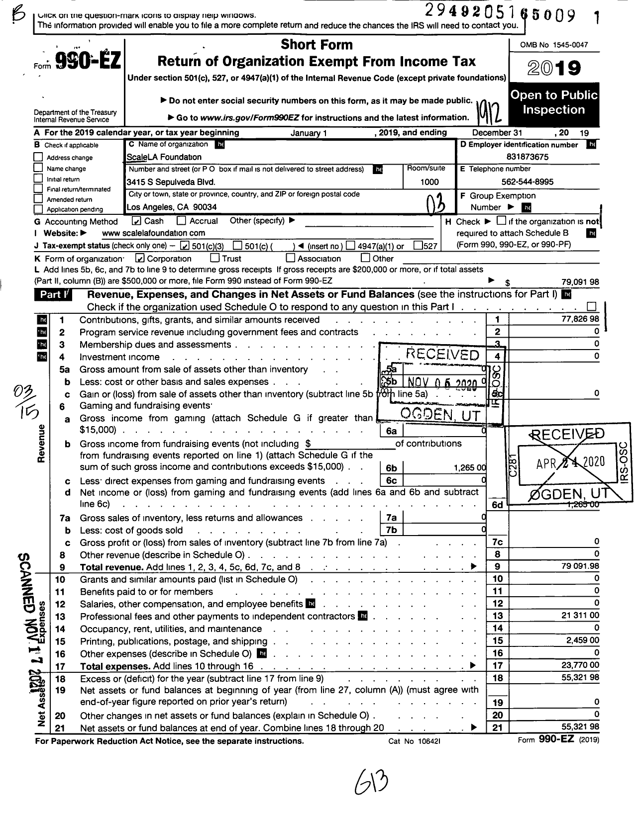 Image of first page of 2019 Form 990EZ for Scalela Foundation