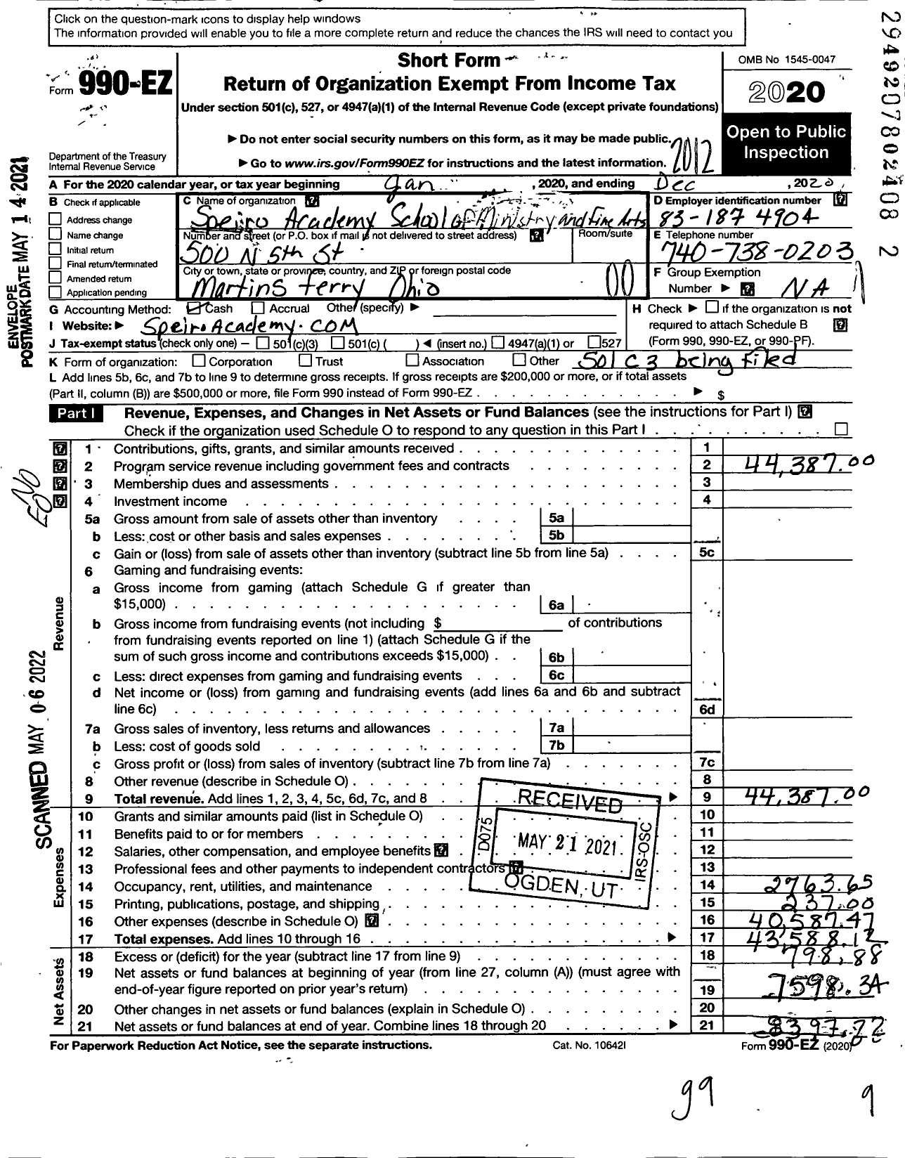 Image of first page of 2020 Form 990EO for Speiro Academy School of Ministry and Fine Arts