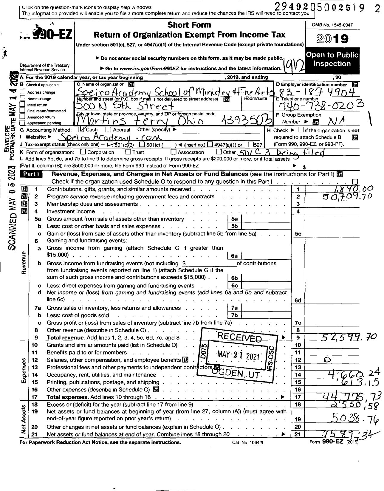 Image of first page of 2019 Form 990EZ for Speiro Academy School of Ministry and Fine Arts