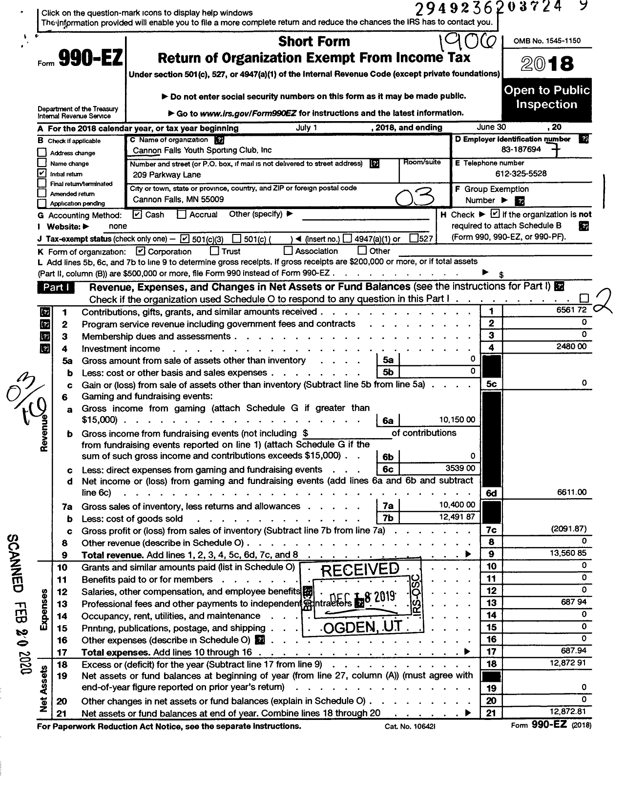 Image of first page of 2018 Form 990EZ for Cannon Falls Youth Sporting Club