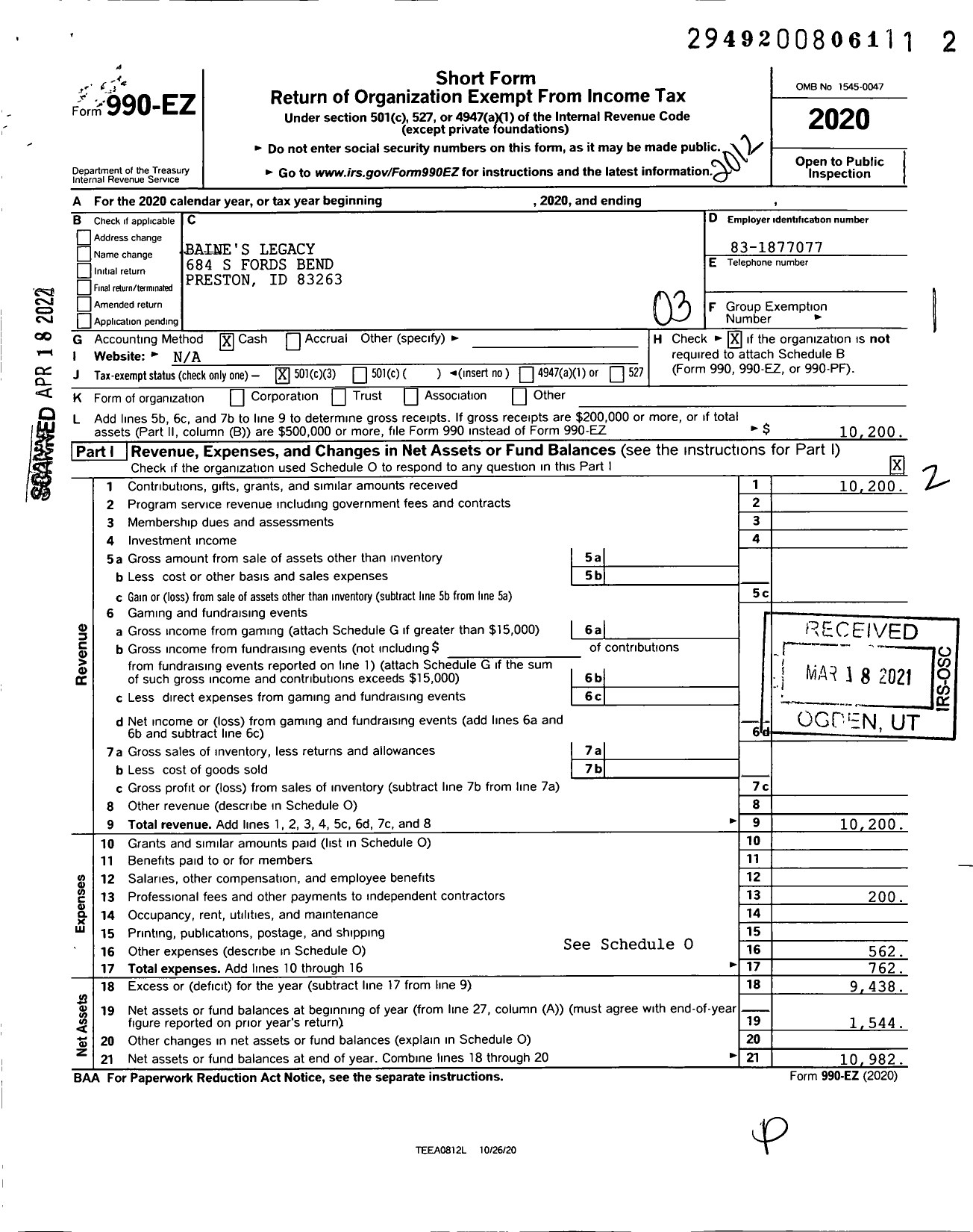 Image of first page of 2020 Form 990EZ for Baines Legacy