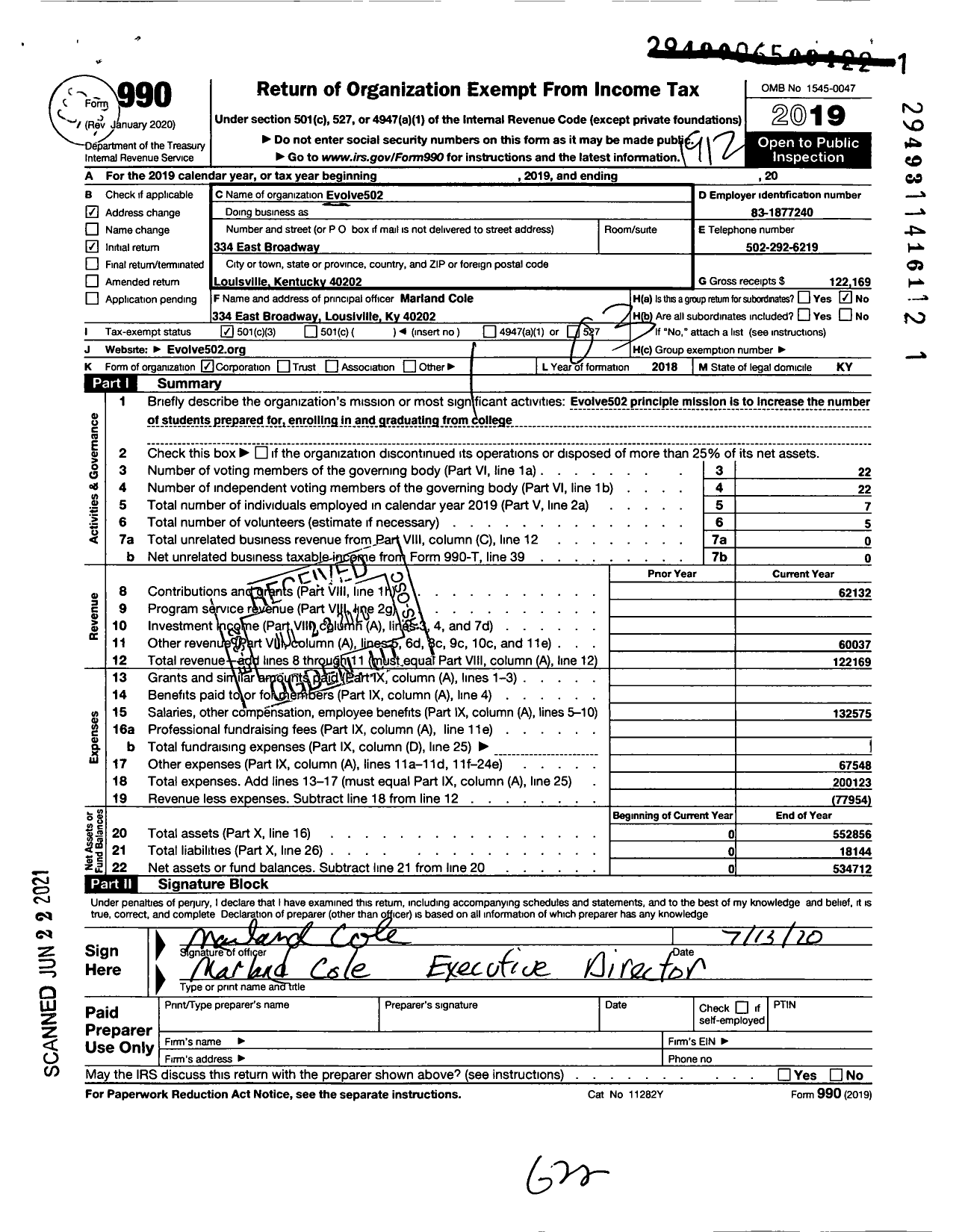 Image of first page of 2019 Form 990 for Evolve502