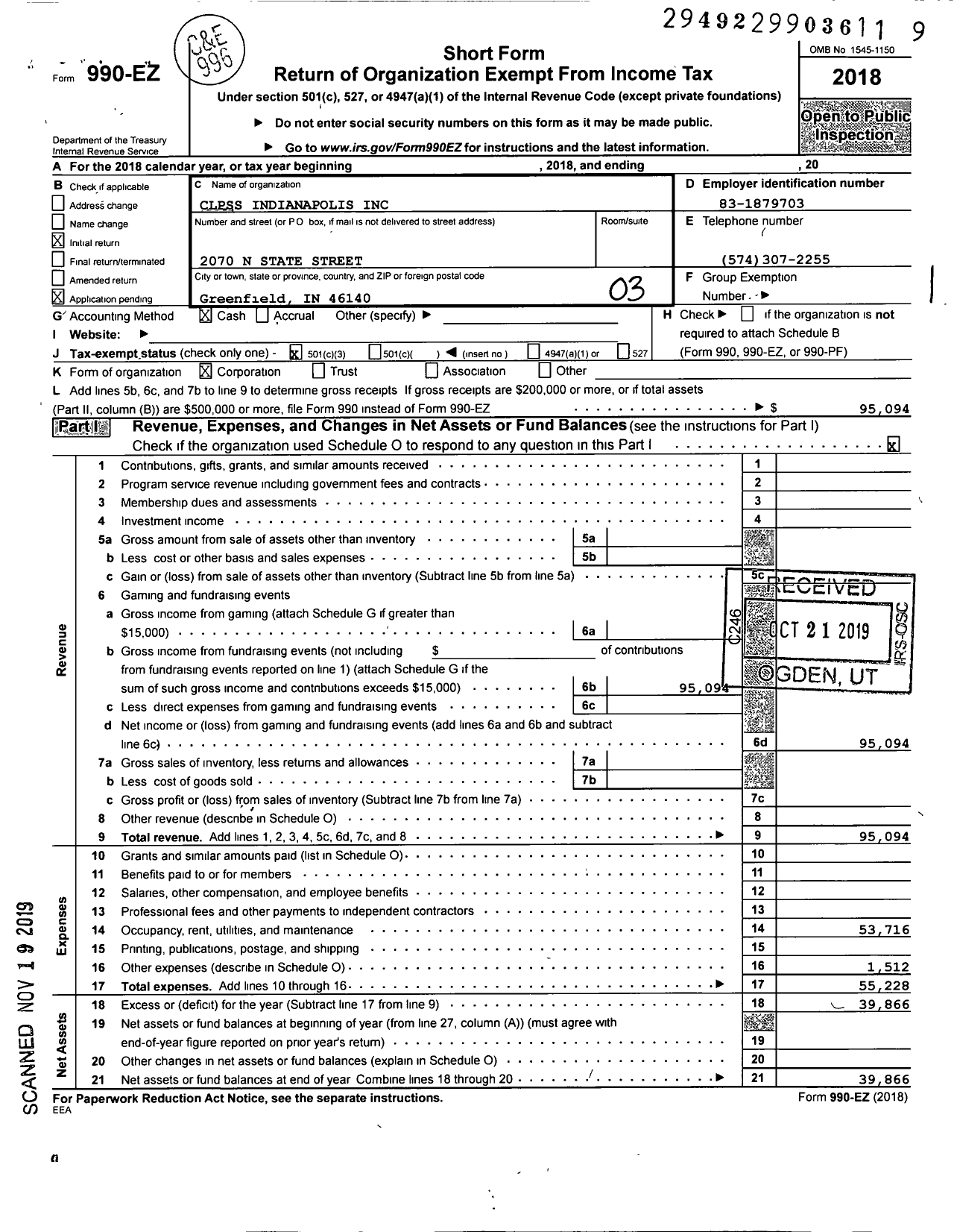 Image of first page of 2018 Form 990EZ for CLPSS Indianapolis