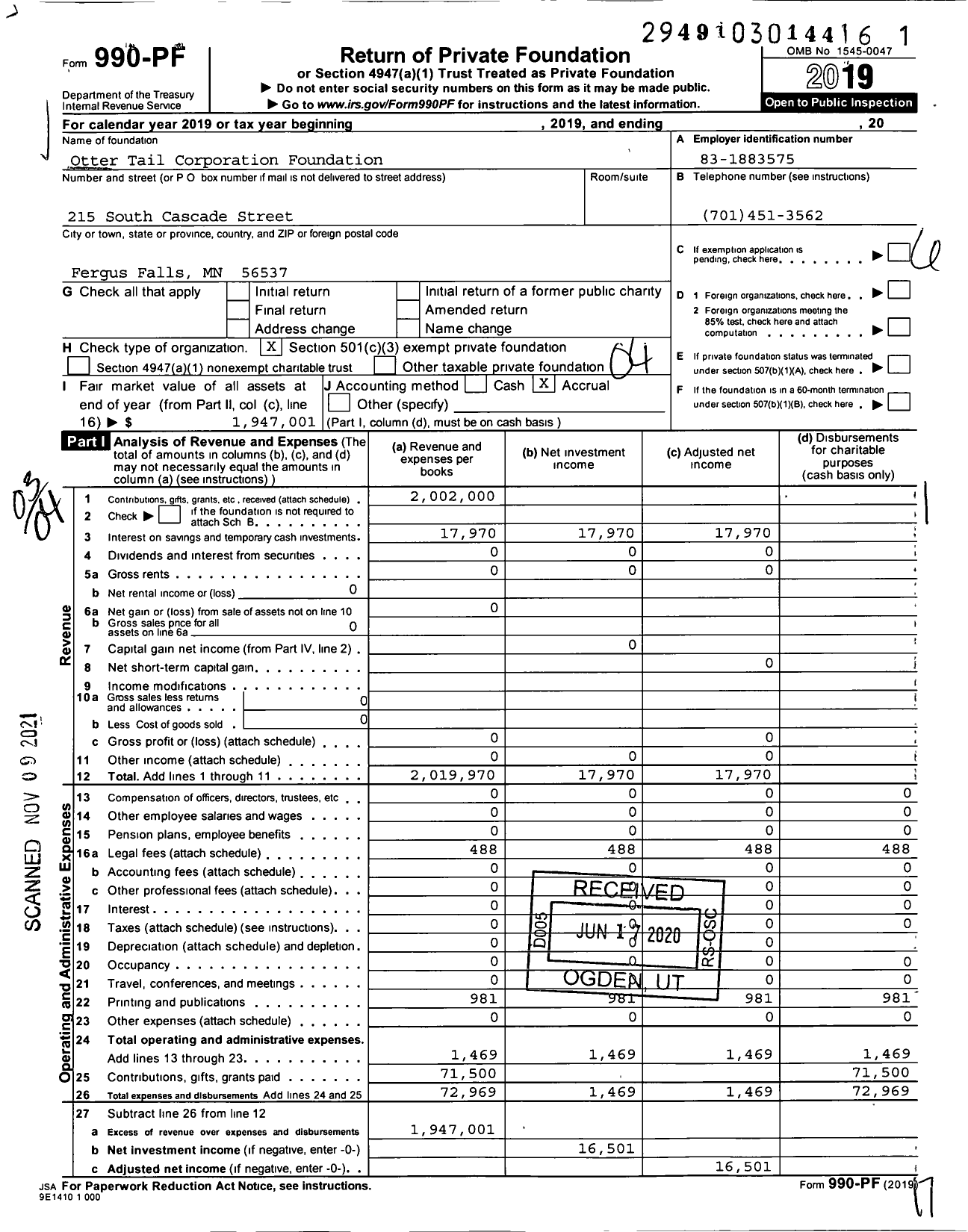 Image of first page of 2019 Form 990PF for Otter Tail Corporation Foundation